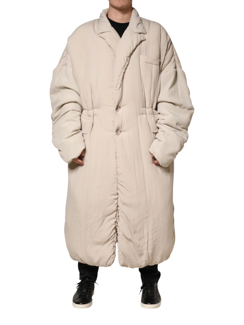 Beige Padded Collared Long Trench Coat Jacket