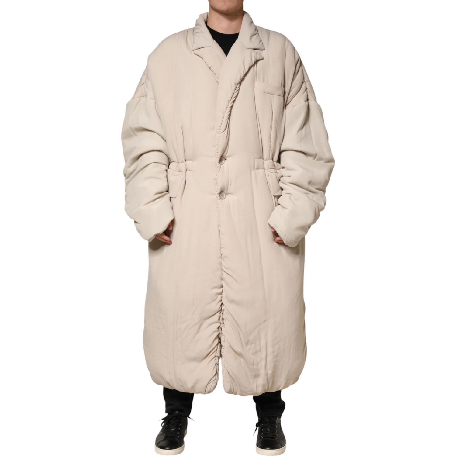 Beige Padded Collared Long Trench Coat Jacket