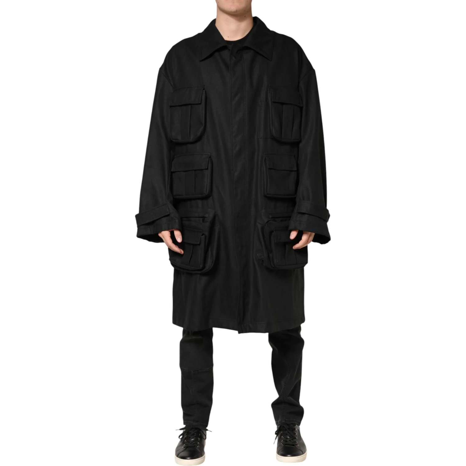 Black Pockets Collared Trench Coat Jacket