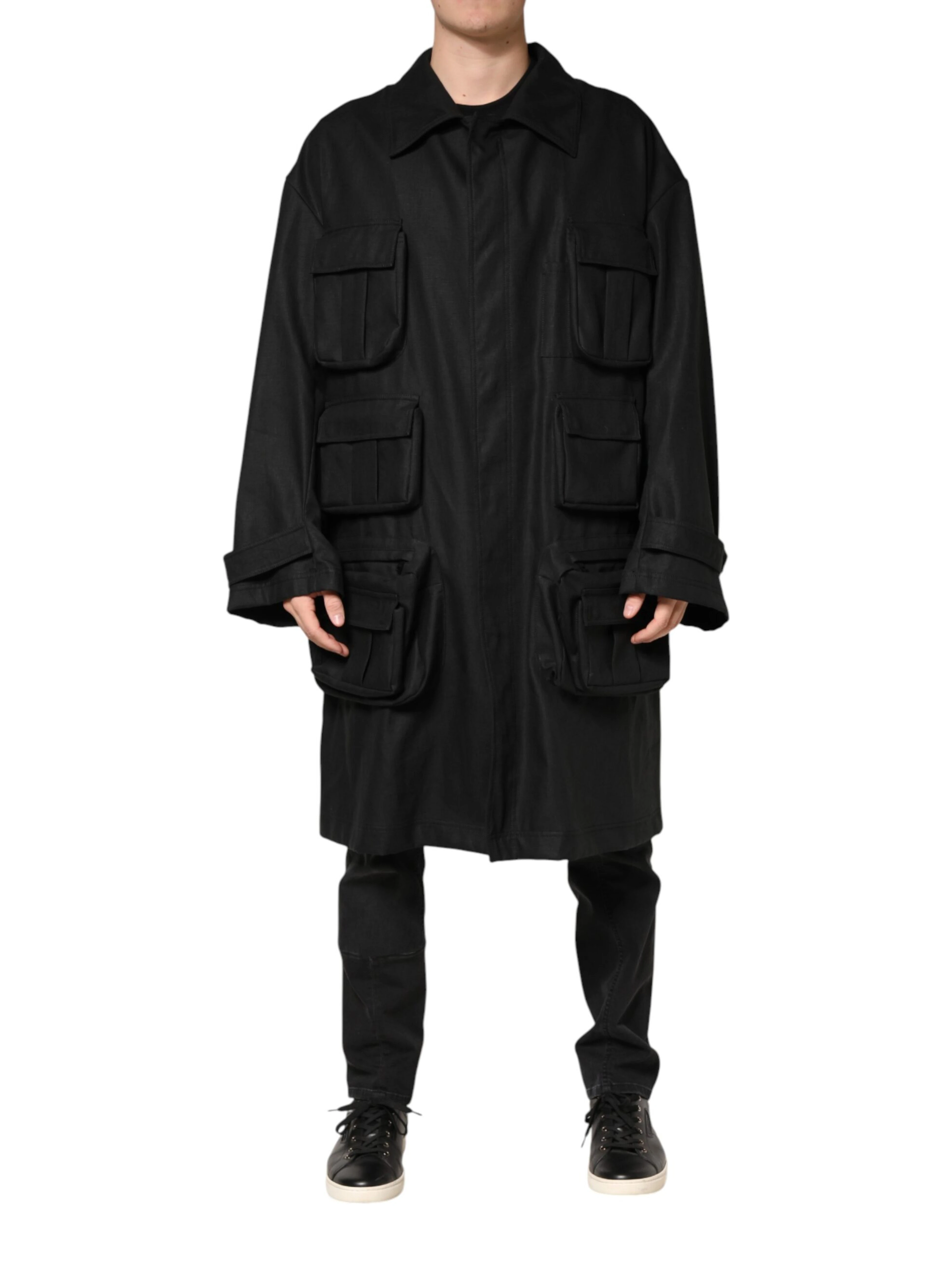 Black Pockets Collared Trench Coat Jacket