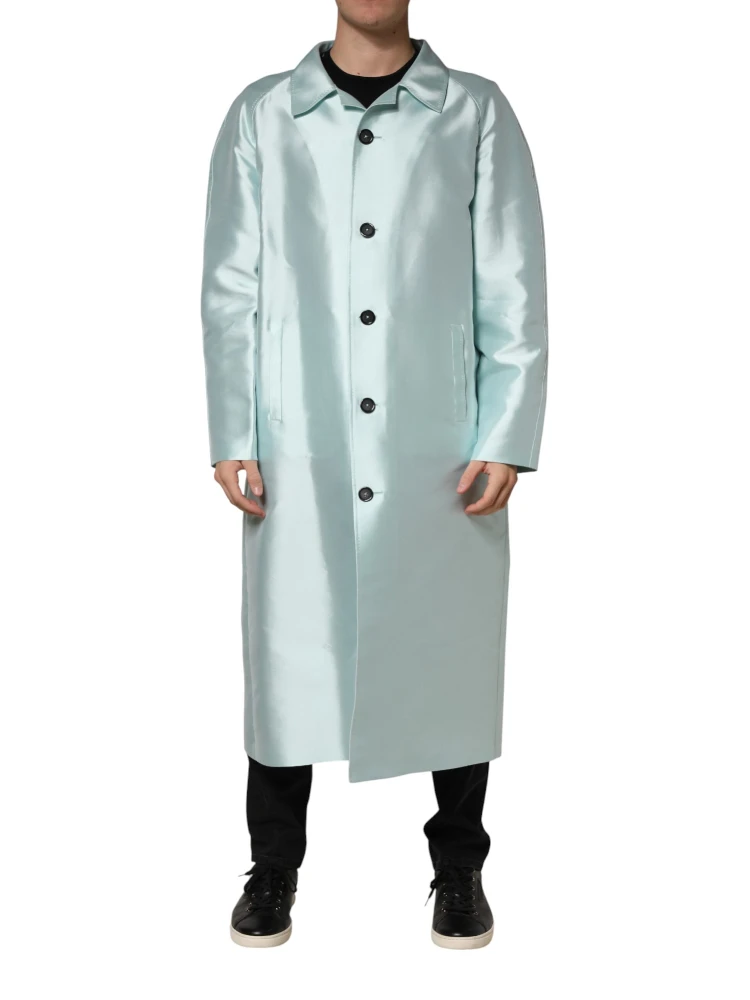 Teal Satin Collared Long Trench Coat Jacket