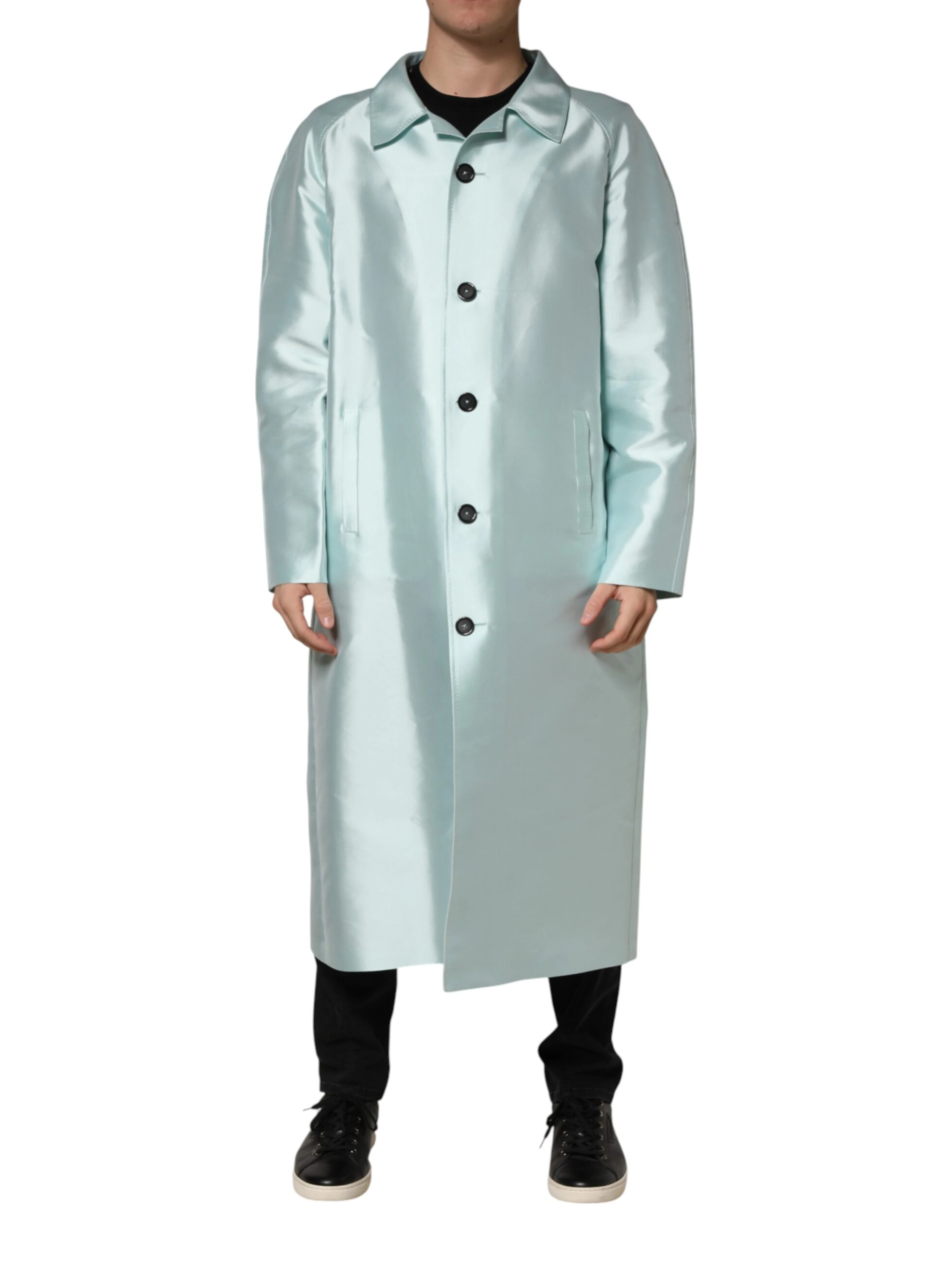 Teal Satin Collared Long Trench Coat Jacket
