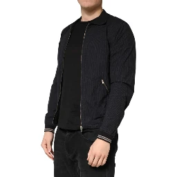 Dark Blue Cotton Full Zip Bomber Men Jacket