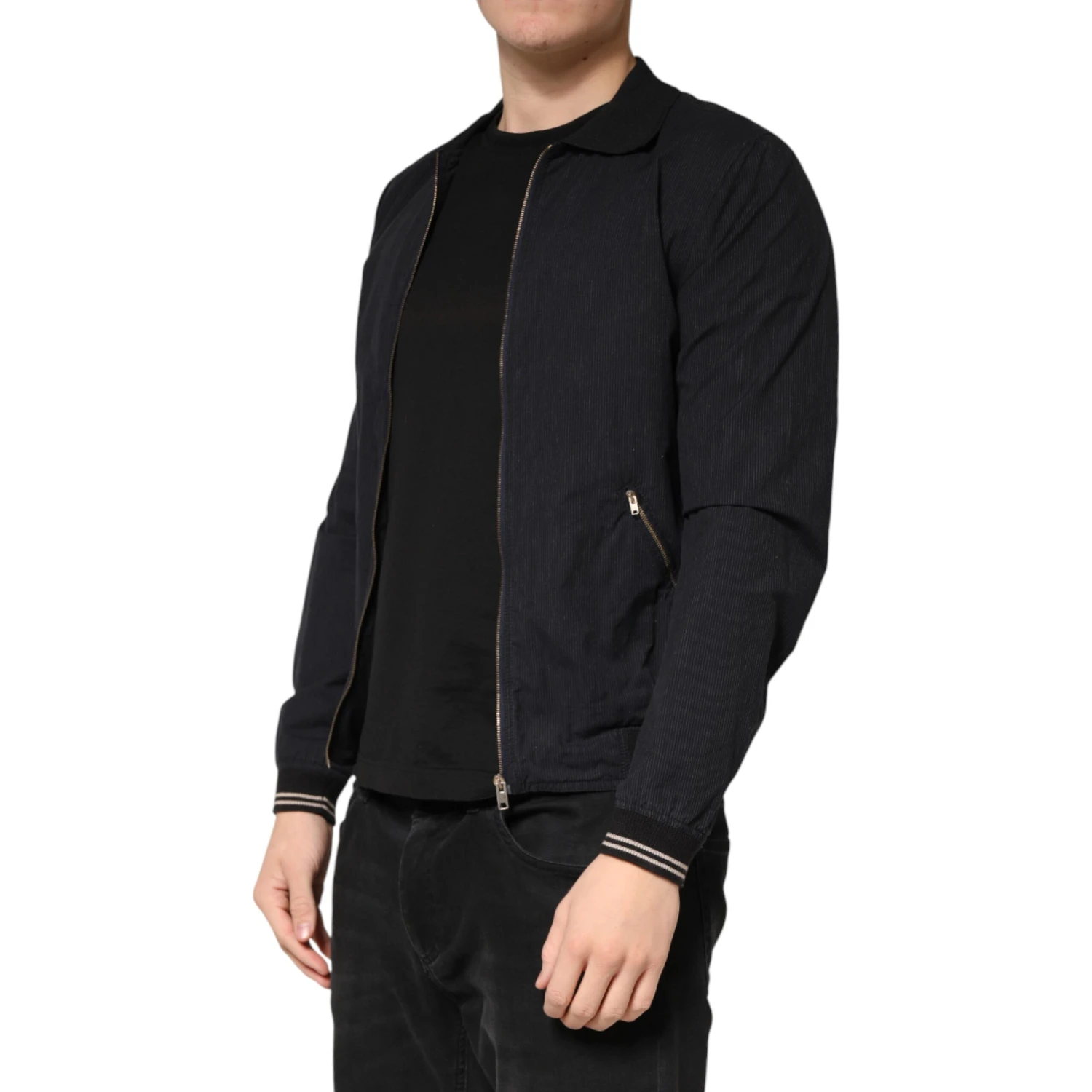 Dark Blue Cotton Full Zip Bomber Men Jacket