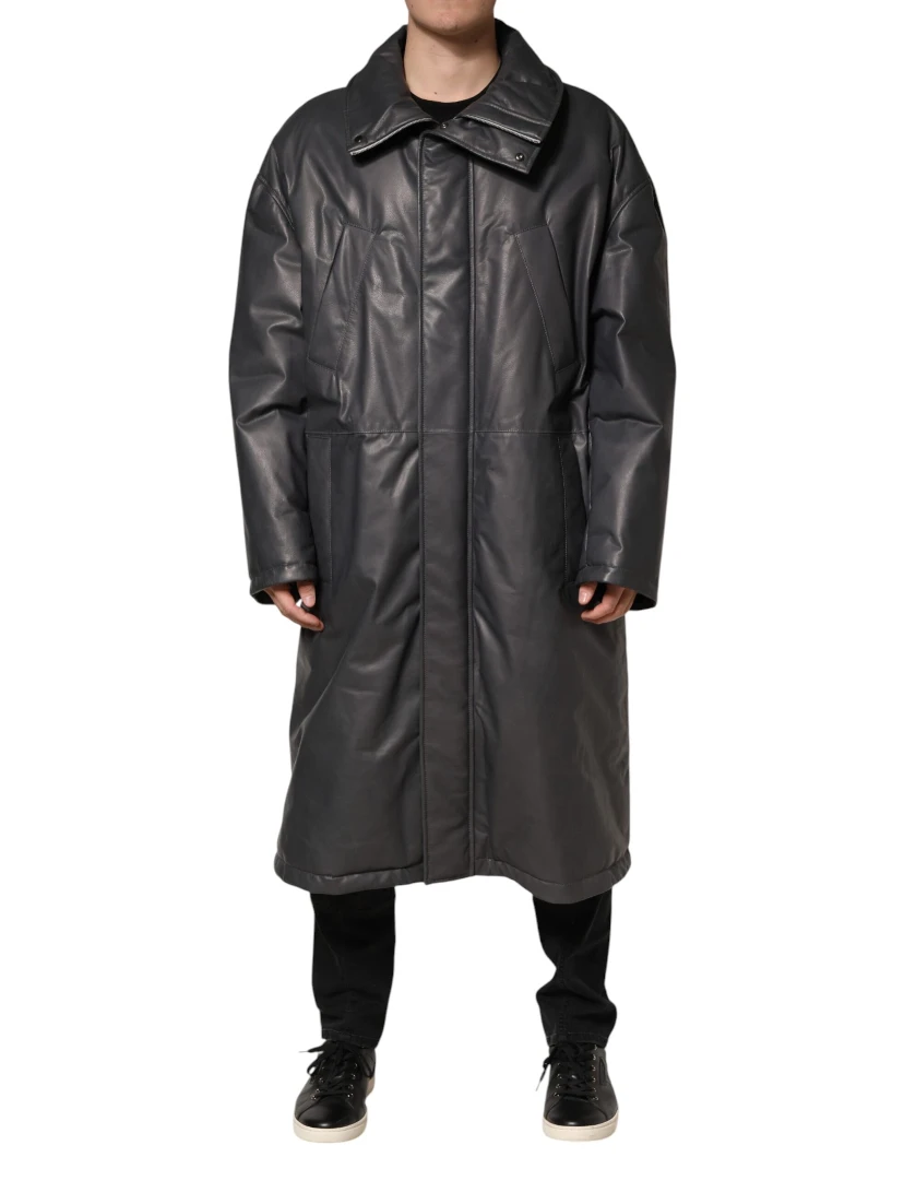 Black Leather Collared Trench Coat Jacket