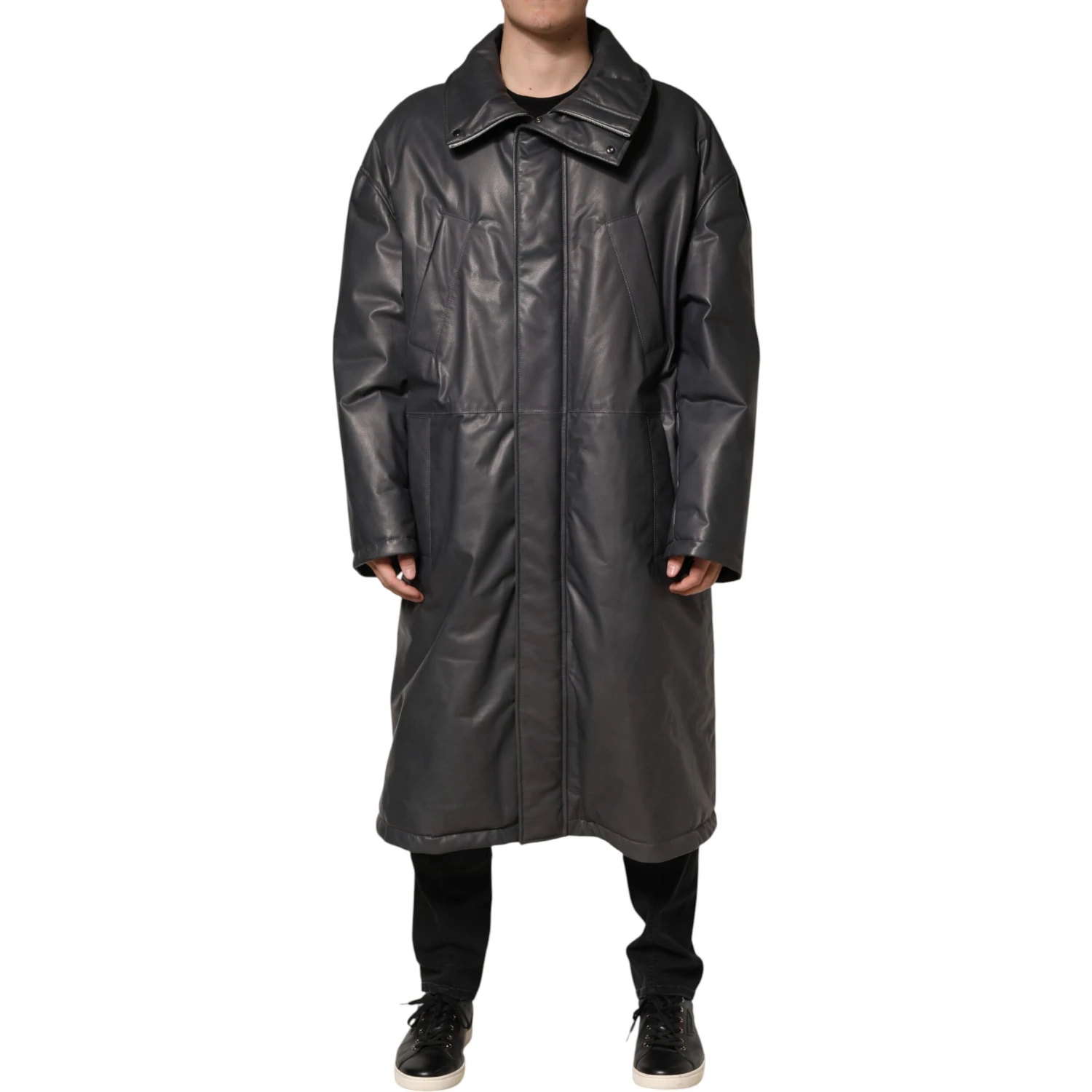 Black Leather Collared Trench Coat Jacket