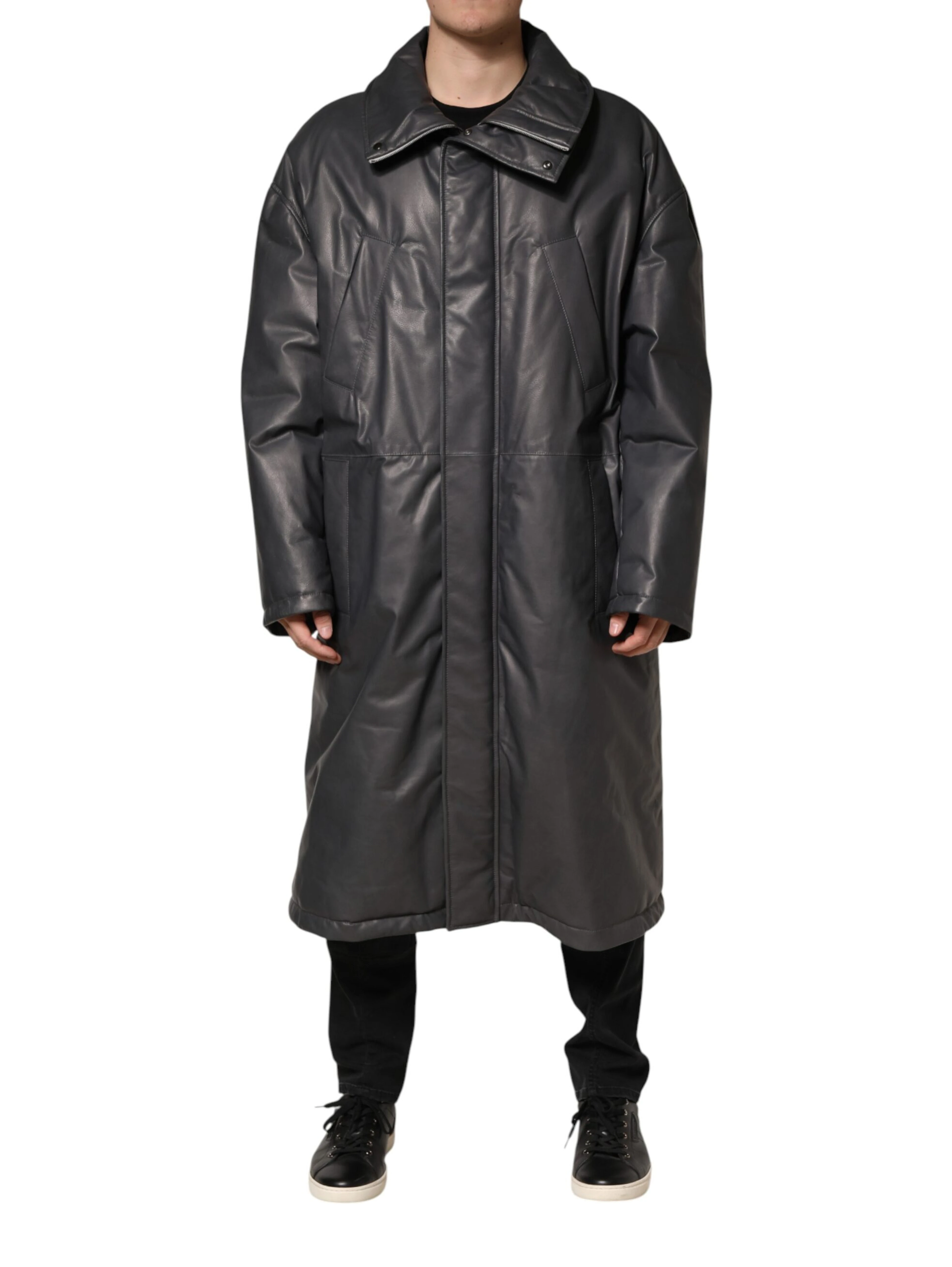 Black Leather Collared Trench Coat Jacket