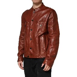 Brown Leather Button Down Men Biker Jacket