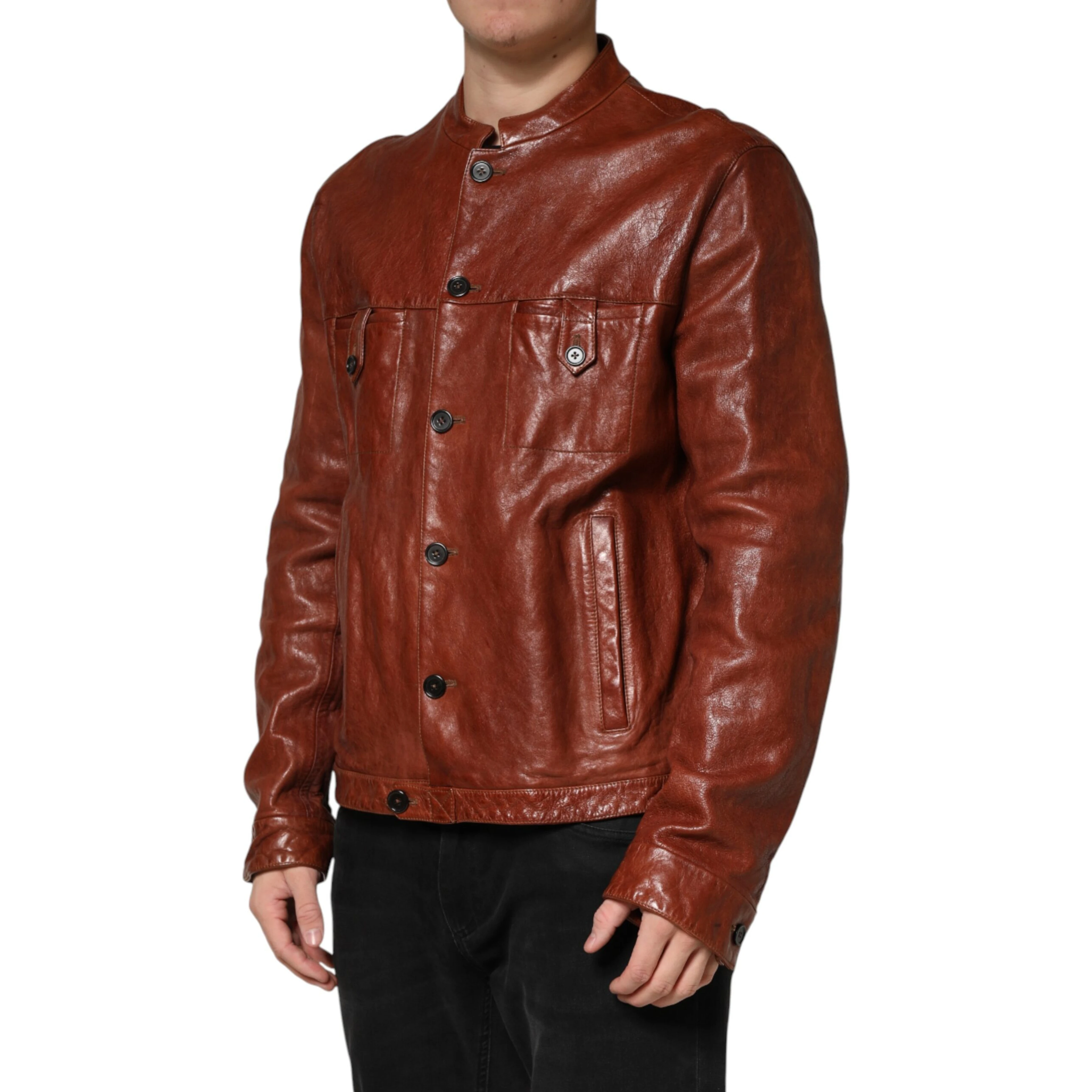 Brown Leather Button Down Men Biker Jacket
