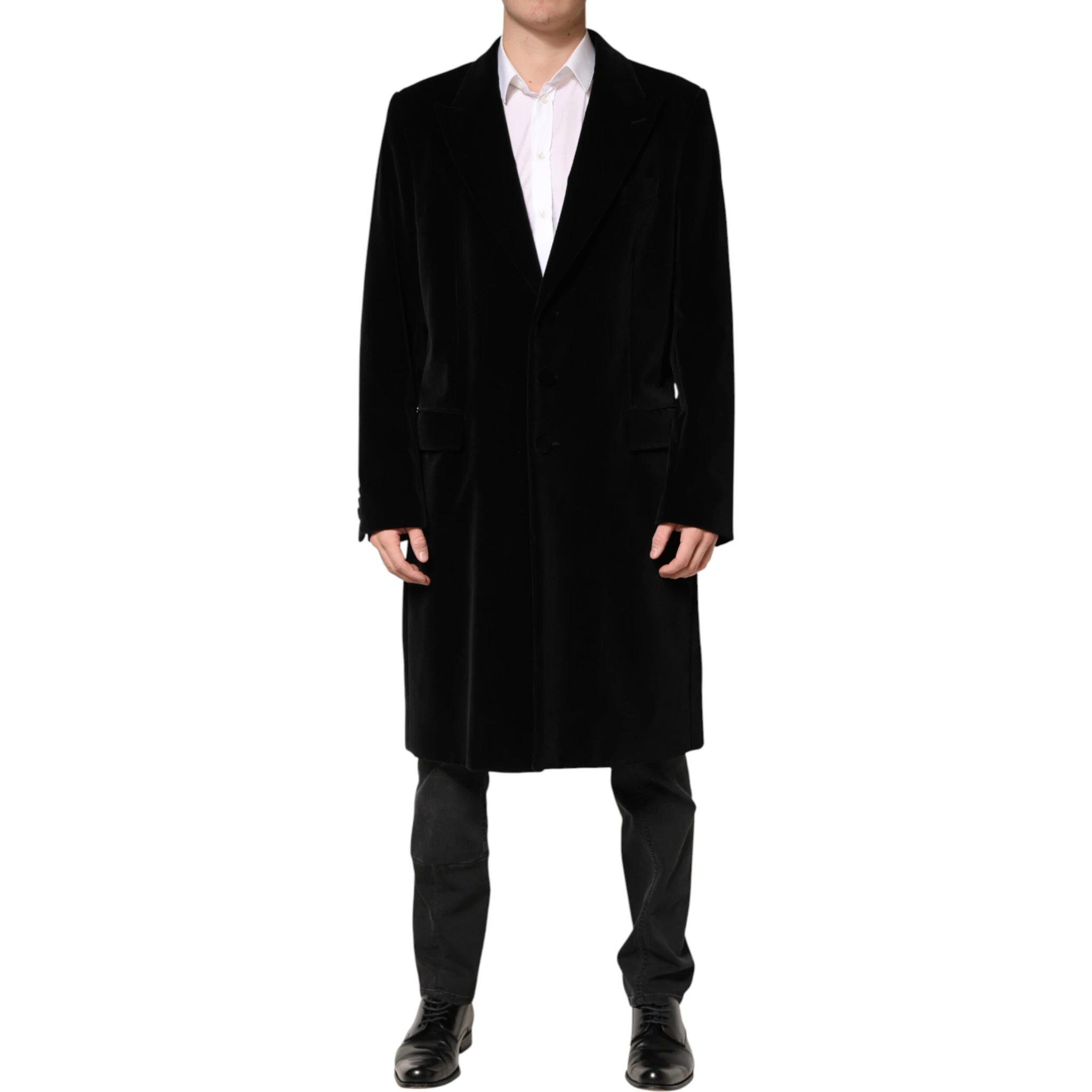 Black Cotton Velvet Long Trench Coat Jacket