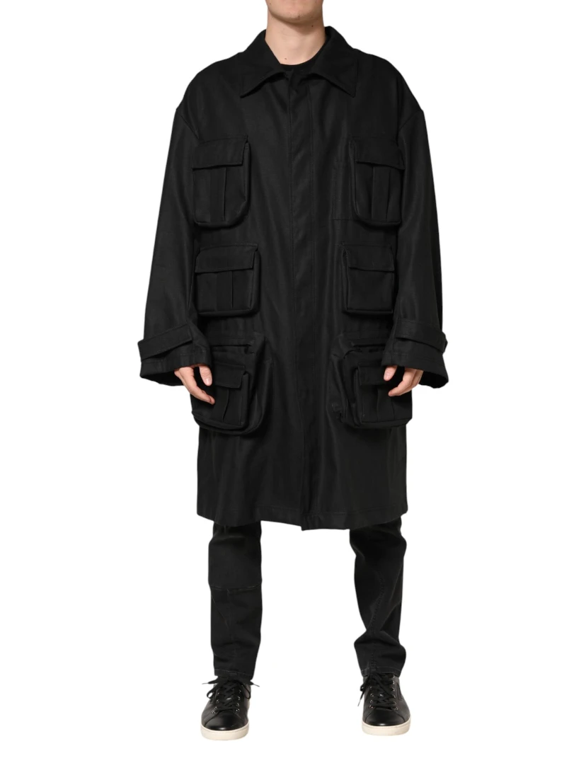 Black Pockets Collared Trench Coat Jacket