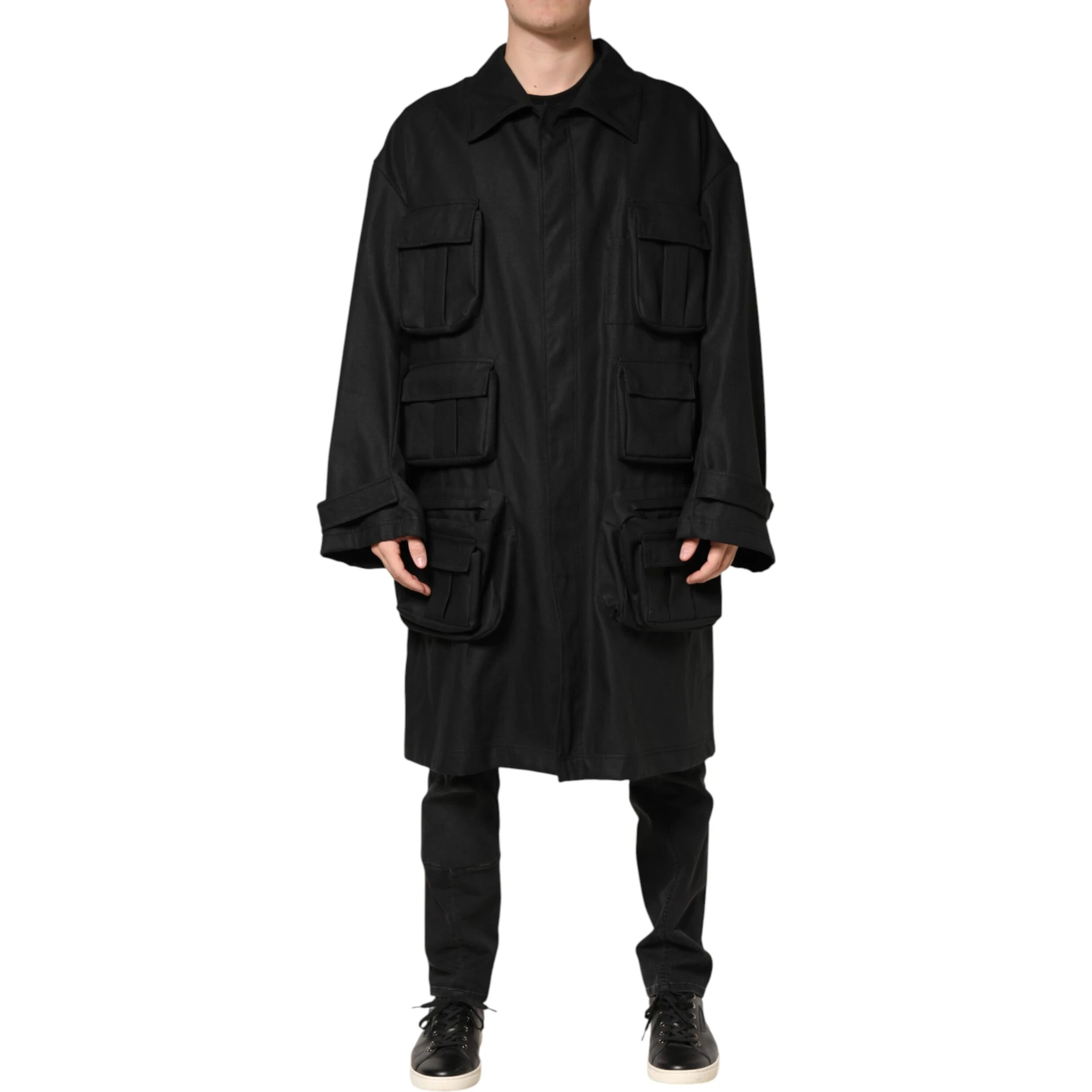 Black Pockets Collared Trench Coat Jacket