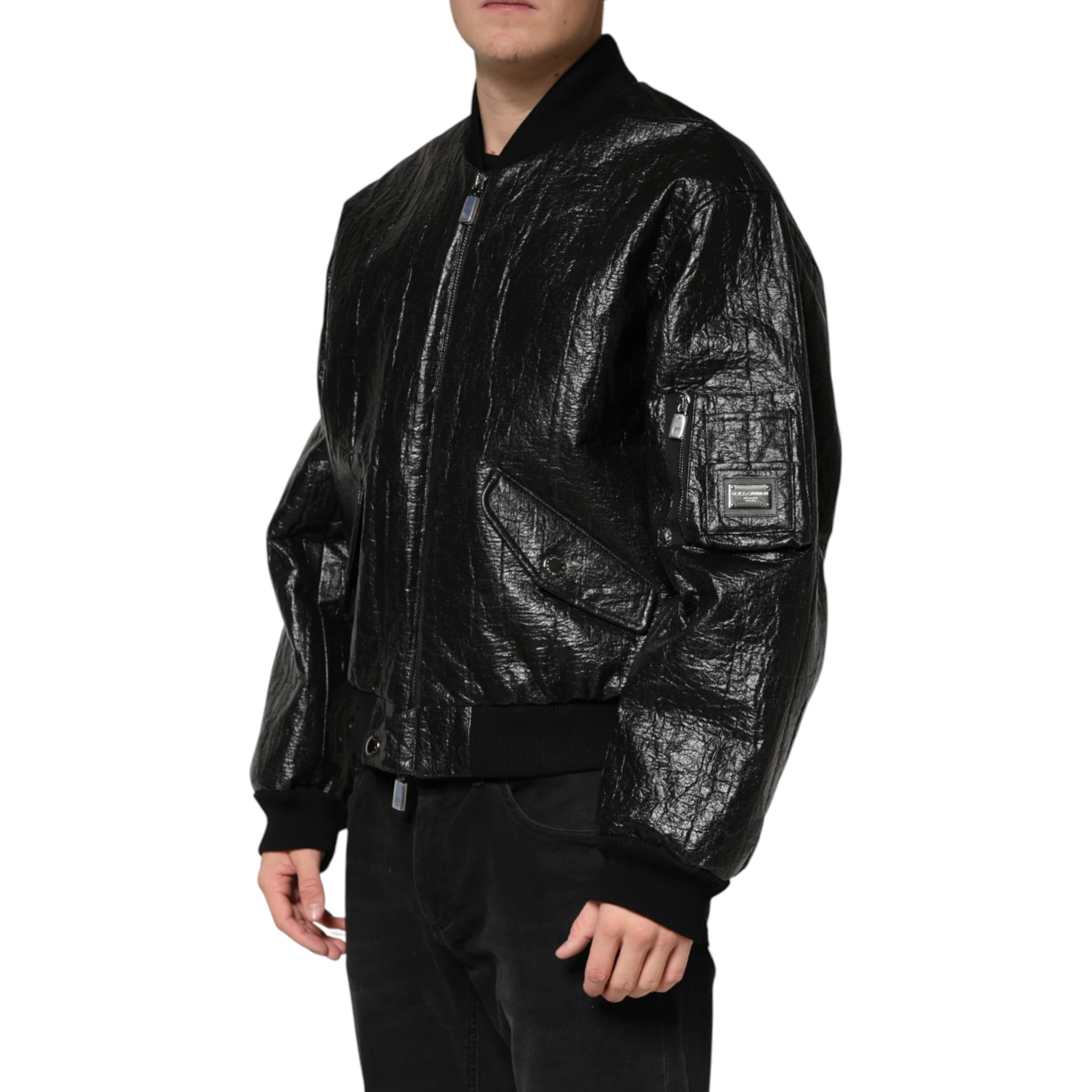 Black Cellulose Leather FullZip Biker Jacket