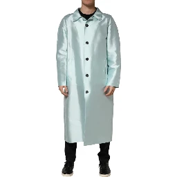 Teal Satin Collared Long Trench Coat Jacket
