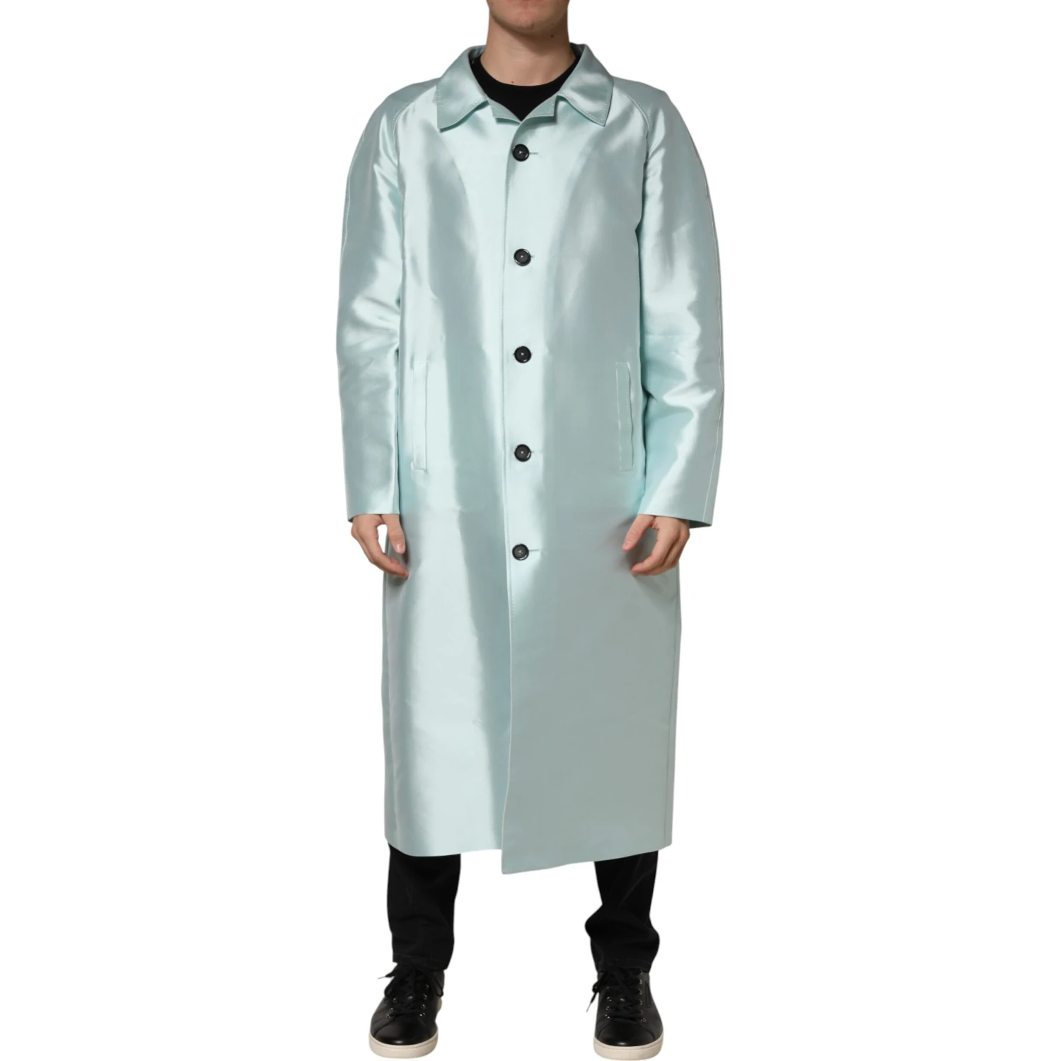 Teal Satin Collared Long Trench Coat Jacket
