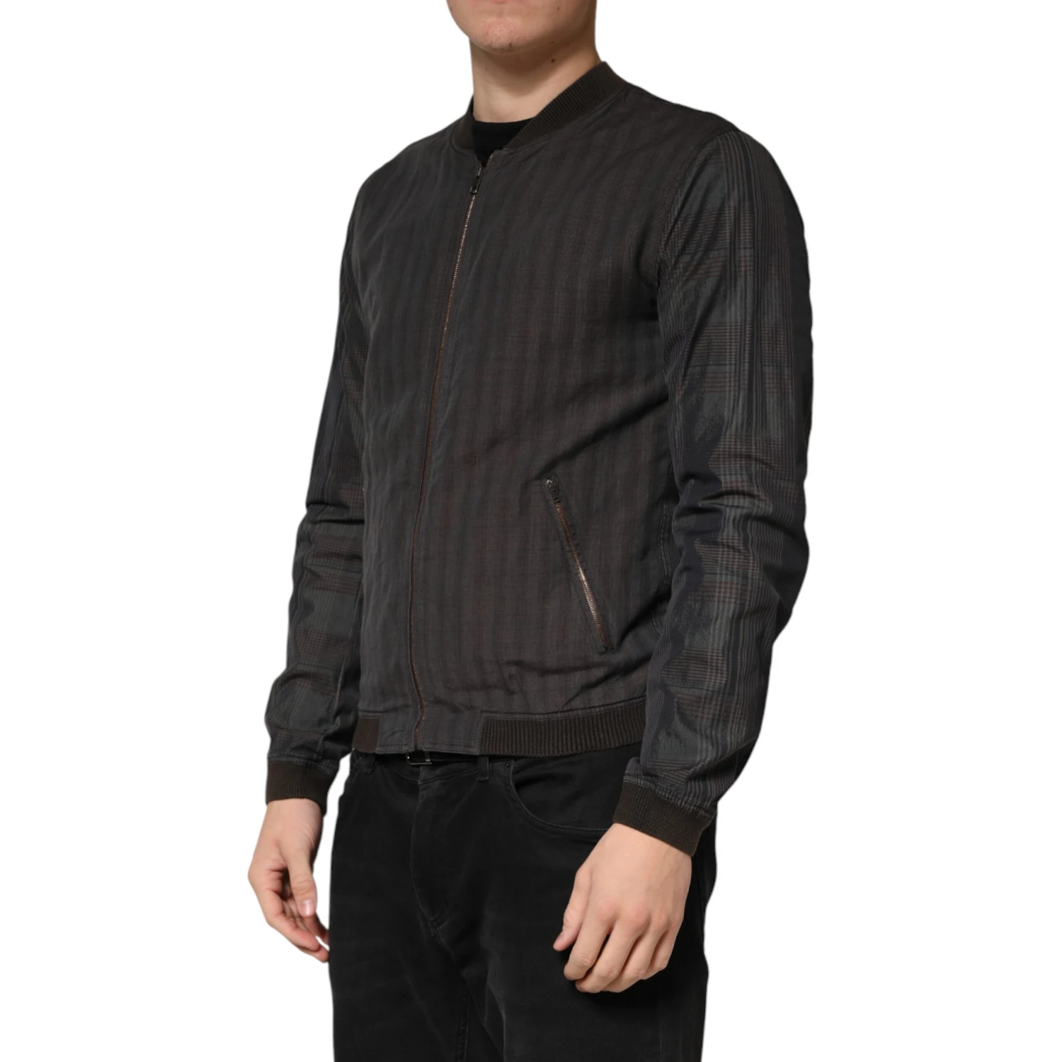 Black Stripes Cotton Full Zip Bomber Jacket