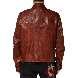 Brown Leather Button Down Men Biker Jacket