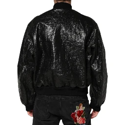 Black Cellulose Leather FullZip Biker Jacket