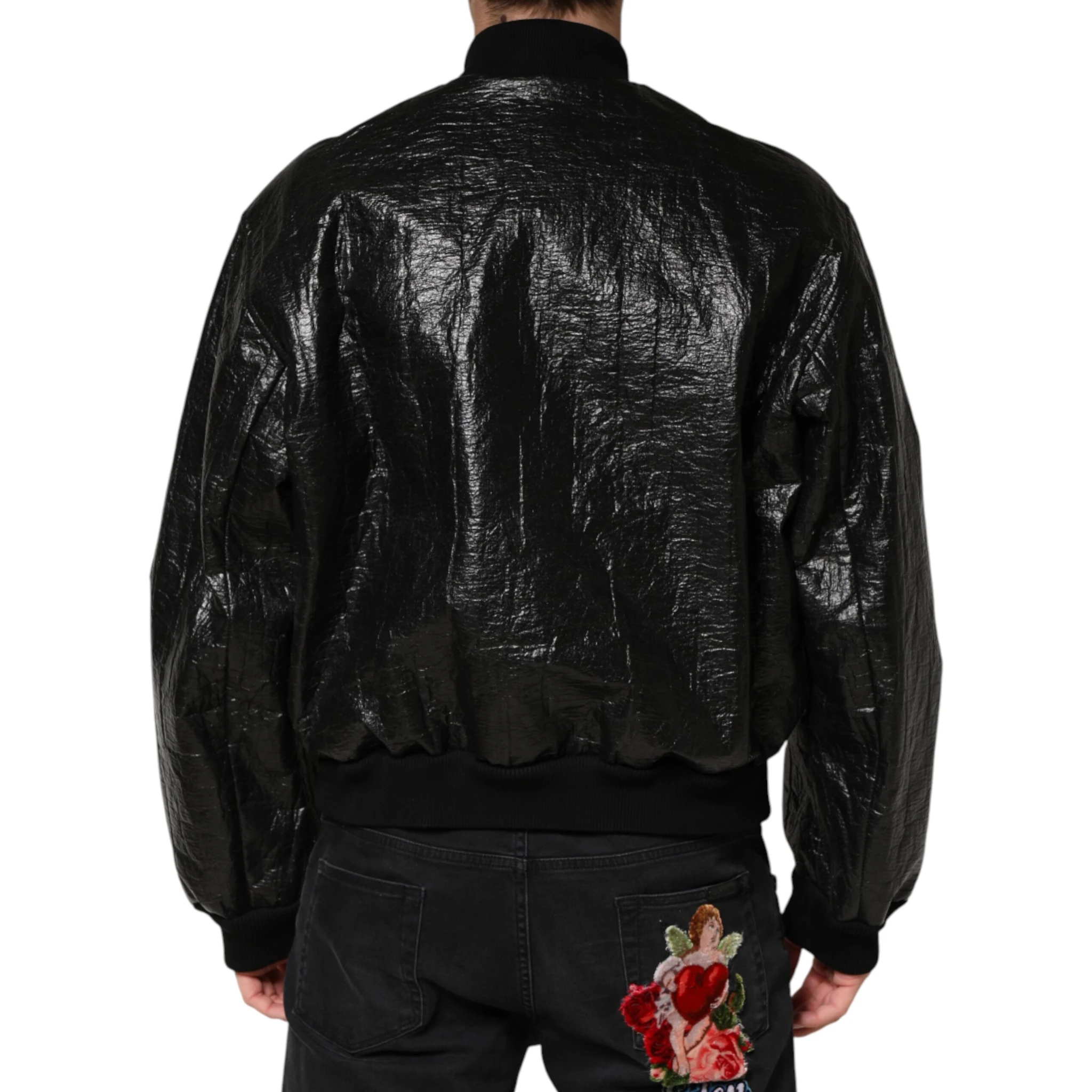 Black Cellulose Leather FullZip Biker Jacket