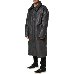 Black Leather Collared Trench Coat Jacket