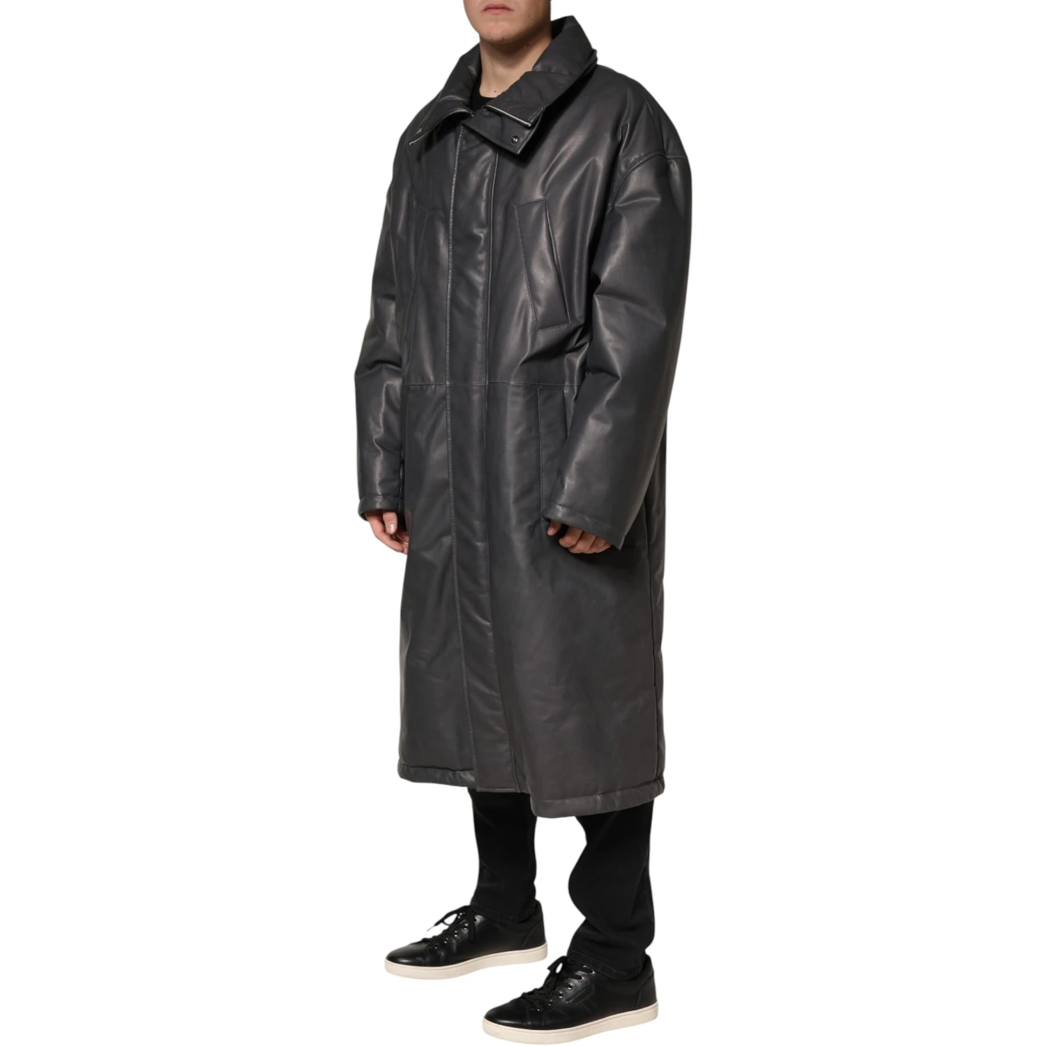 Black Leather Collared Trench Coat Jacket