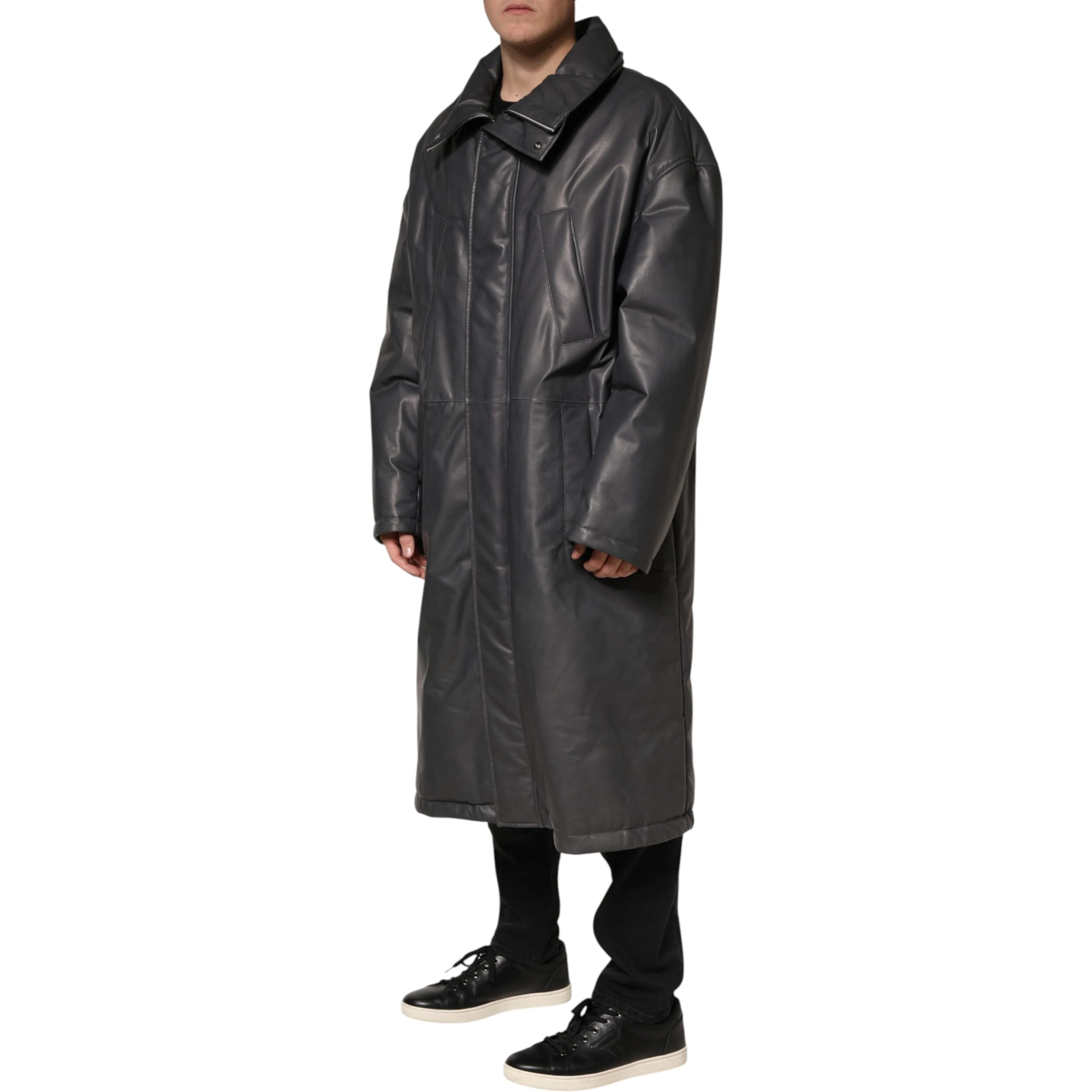 Black Leather Collared Trench Coat Jacket