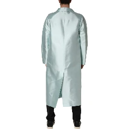 Teal Satin Collared Long Trench Coat Jacket