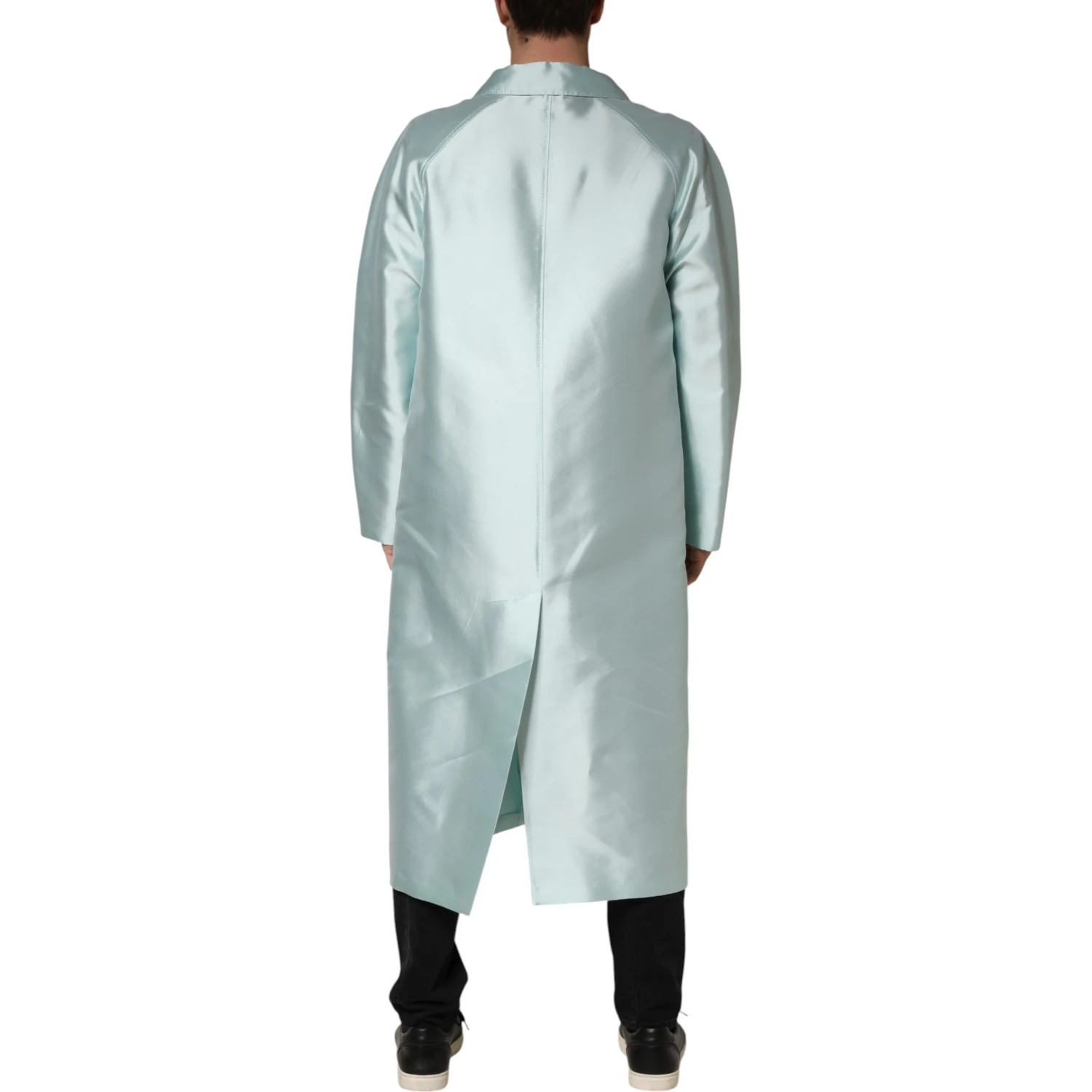 Teal Satin Collared Long Trench Coat Jacket