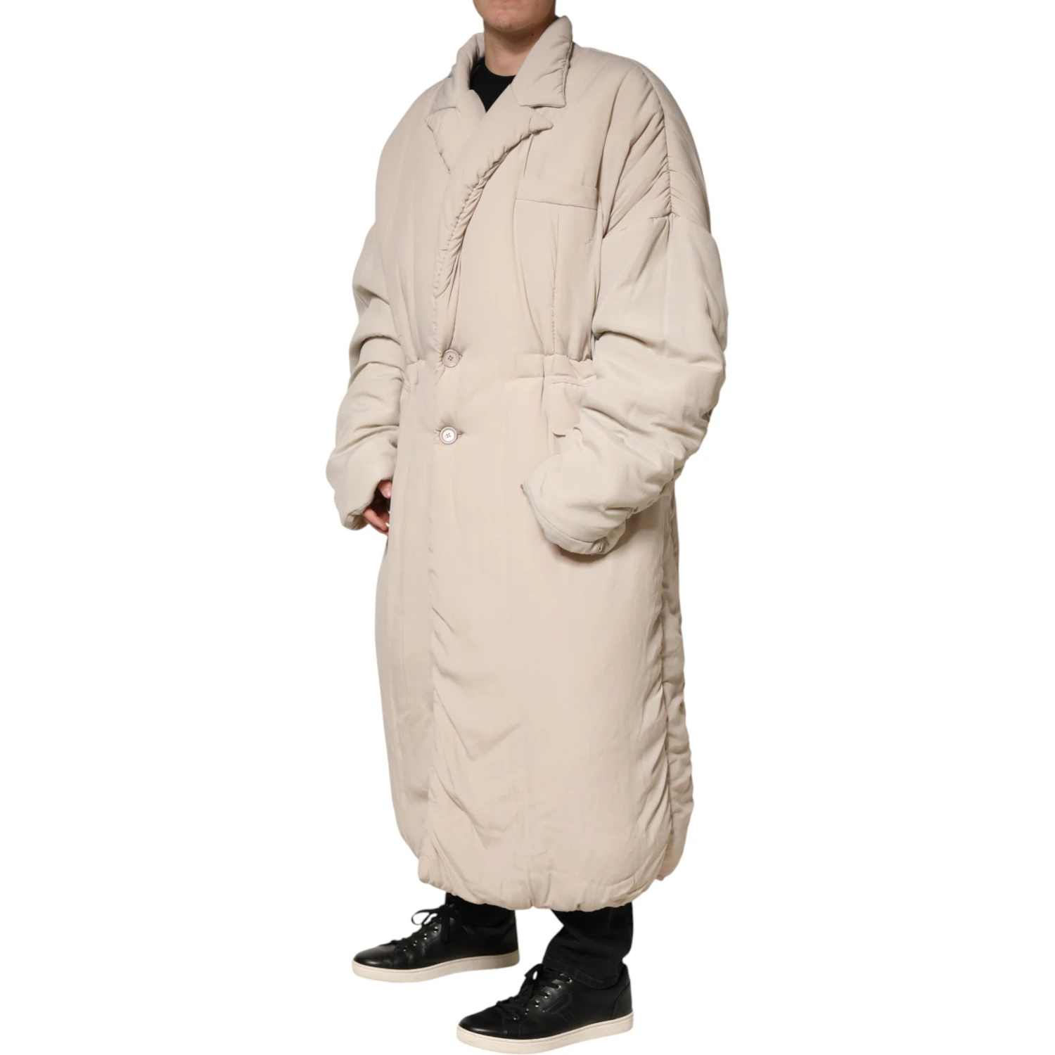 Beige Padded Collared Long Trench Coat Jacket