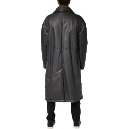 Black Leather Collared Trench Coat Jacket