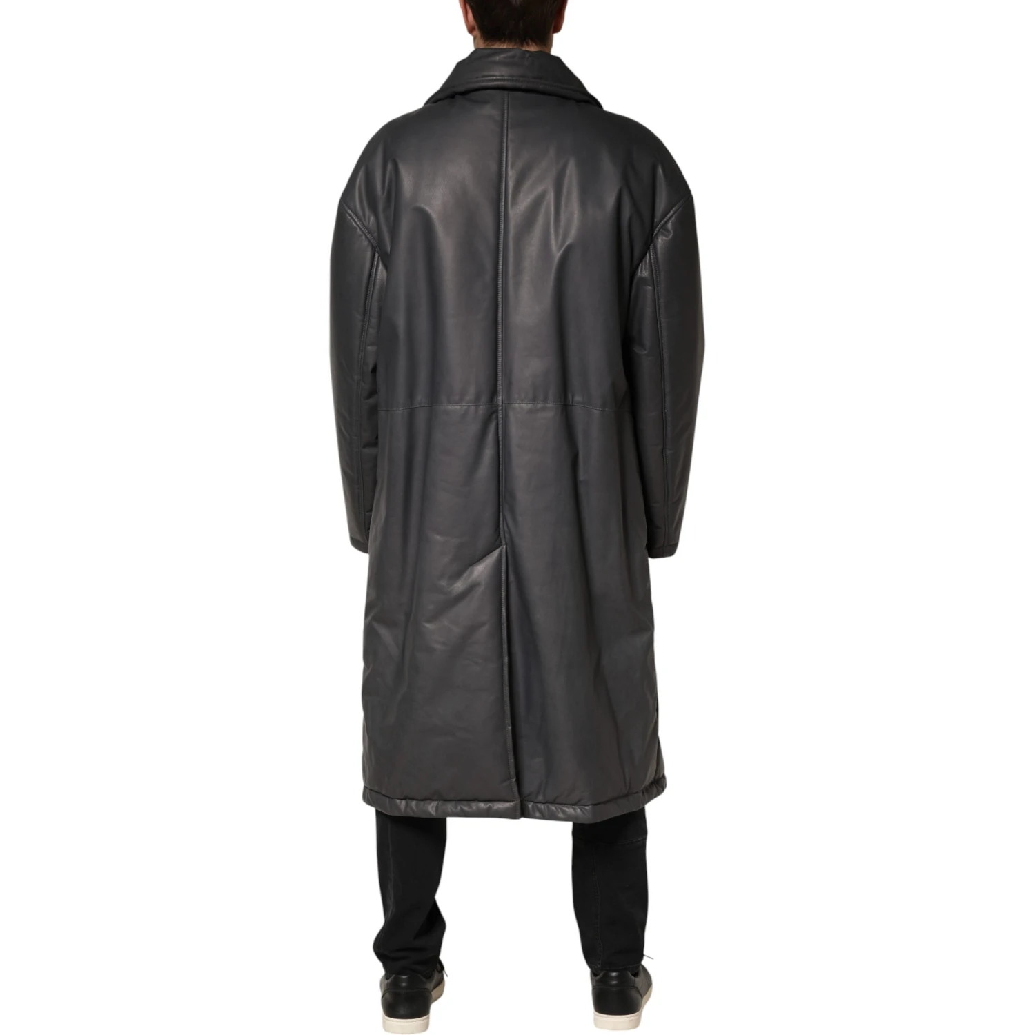 Black Leather Collared Trench Coat Jacket