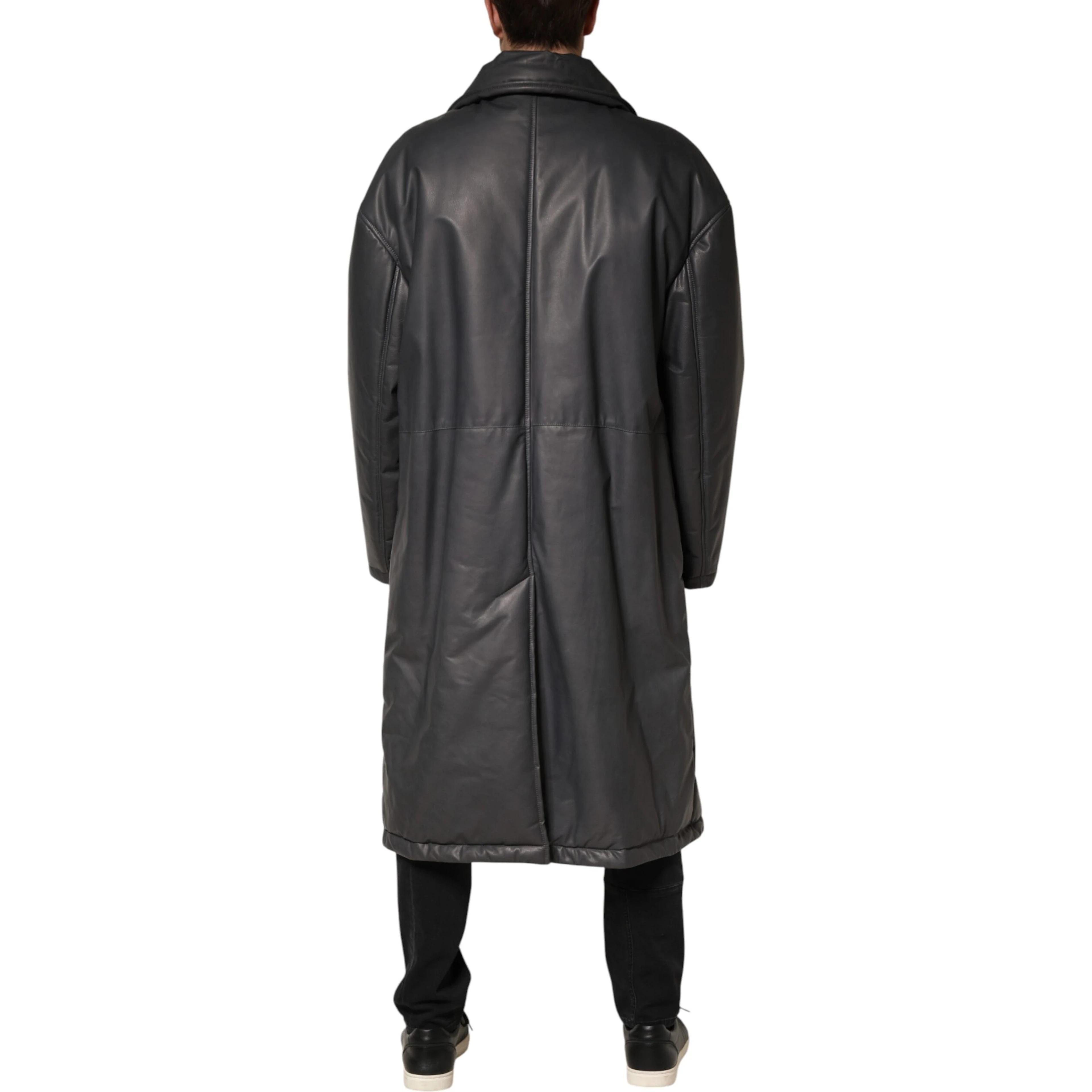 Black Leather Collared Trench Coat Jacket