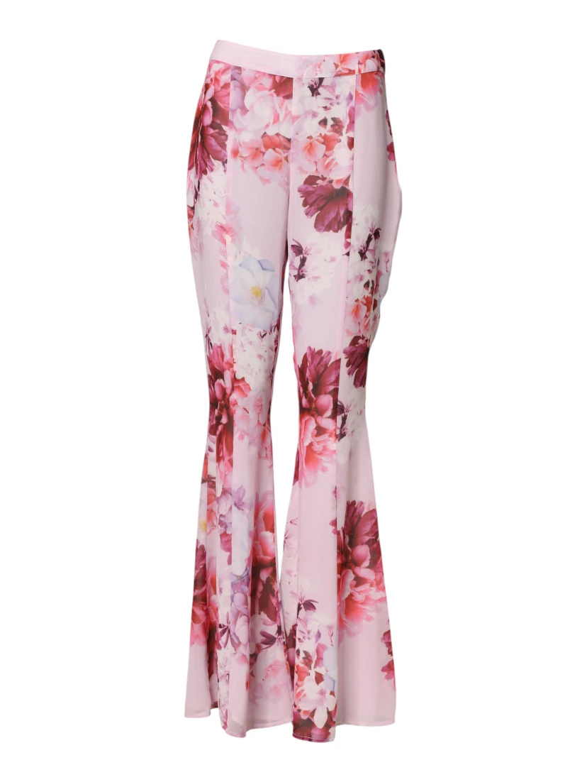 Pink Floral Flared High Waist Trouser Pants
