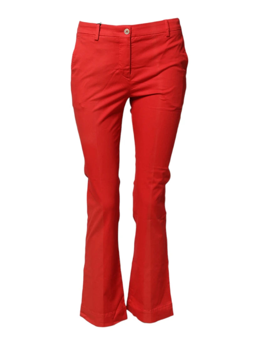Red Flared Mid Waist Chino Casual Trouser Pants