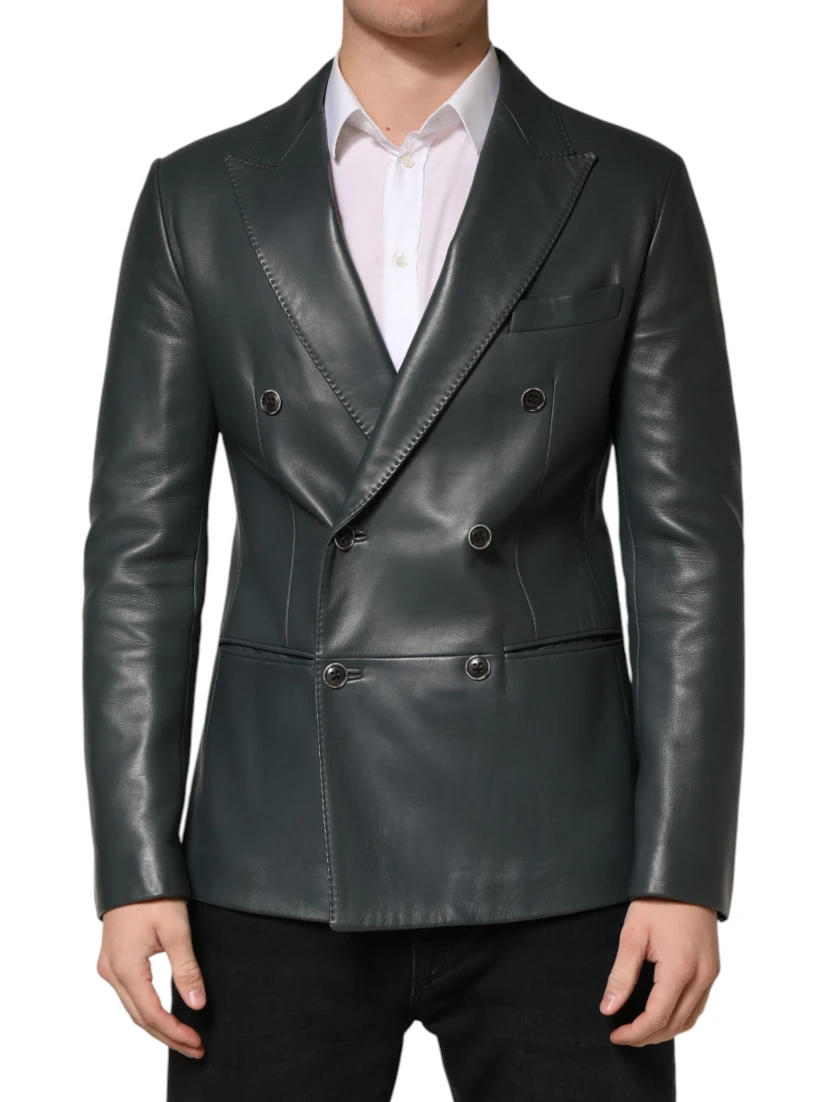 Black Leather Double Breasted 2Button Blazer