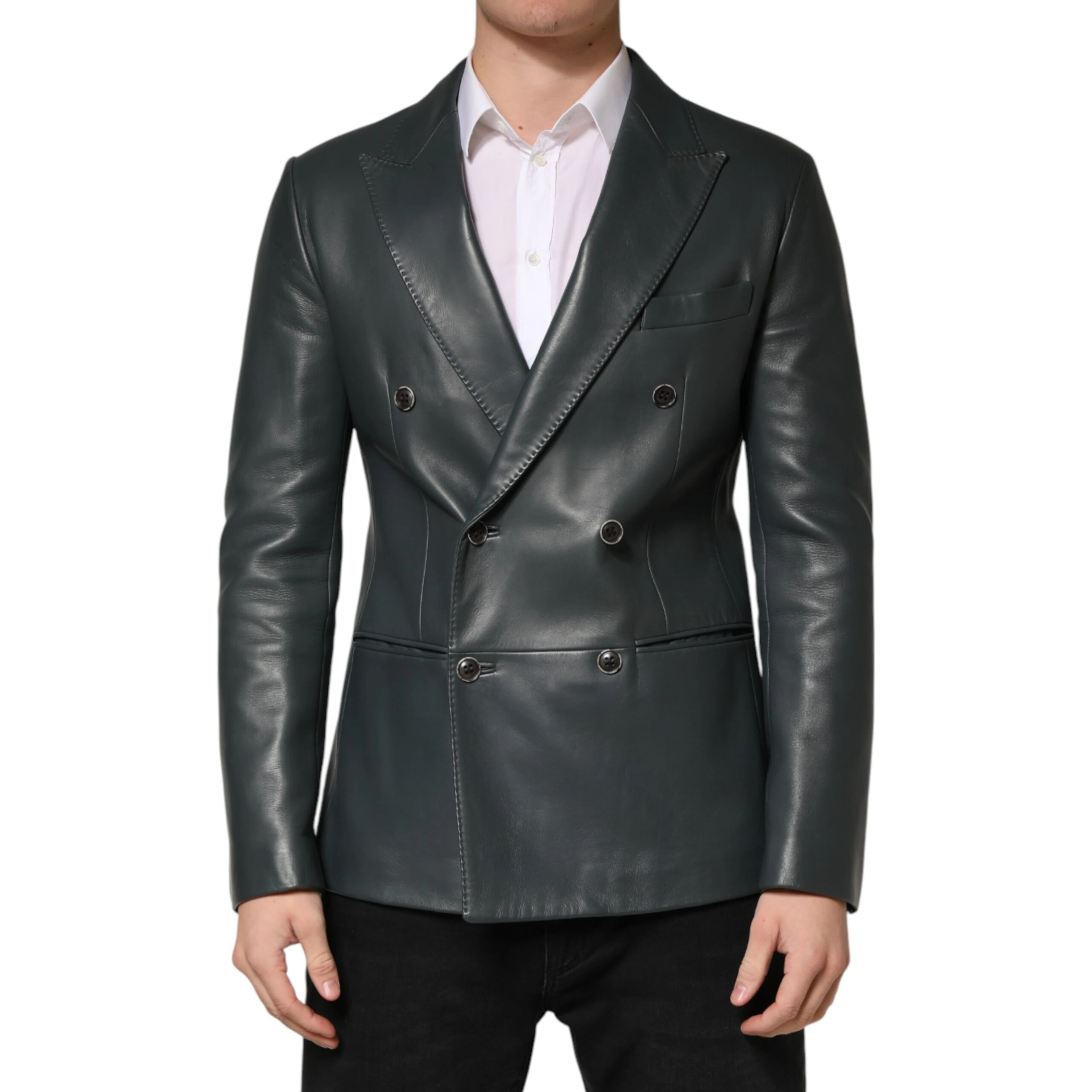 Black Leather Double Breasted 2Button Blazer
