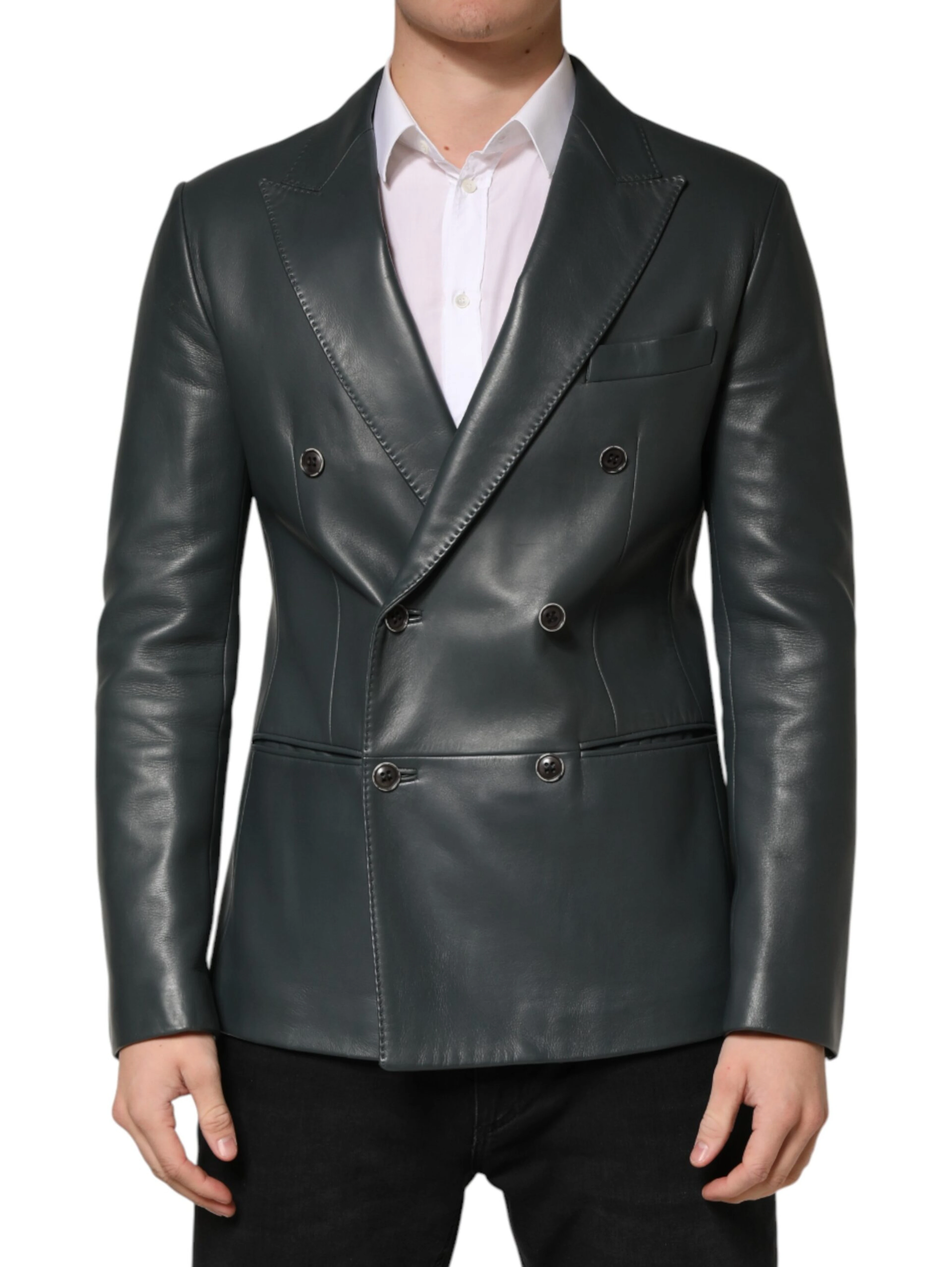 Black Leather Double Breasted 2Button Blazer