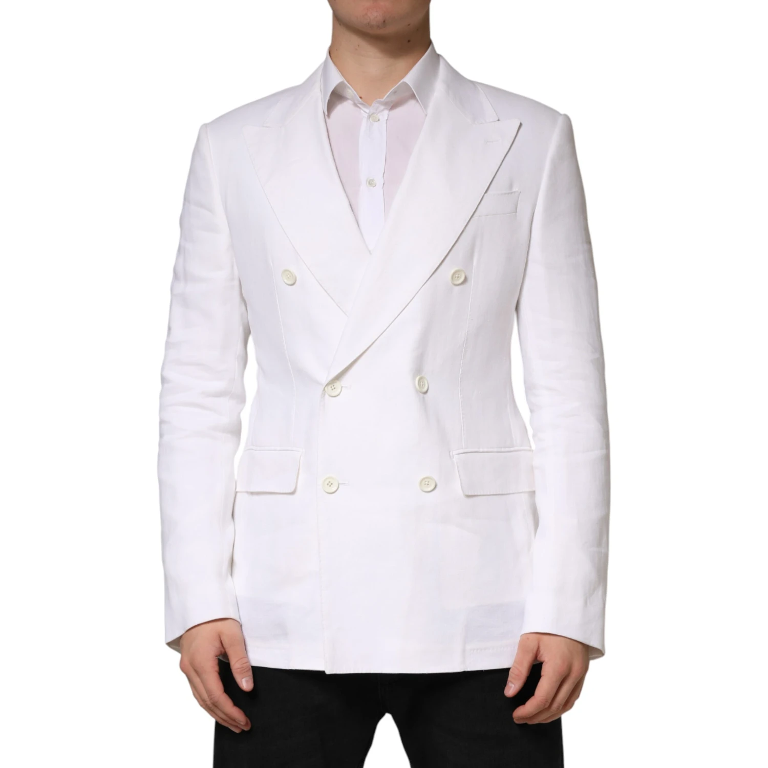 White Linen Double Breasted 2 Button Blazer