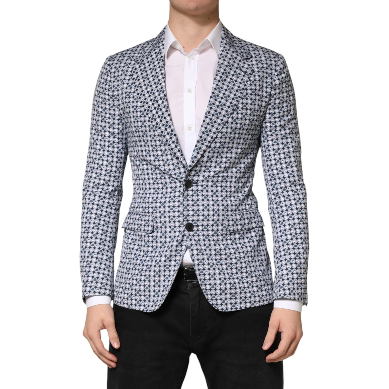 Blue Cotton Patterned Single Breasted Blazer