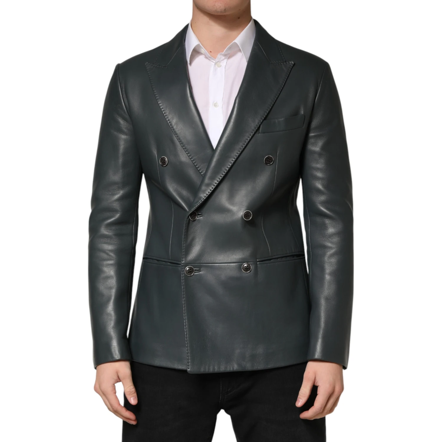 Black Leather Double Breasted 2Button Blazer