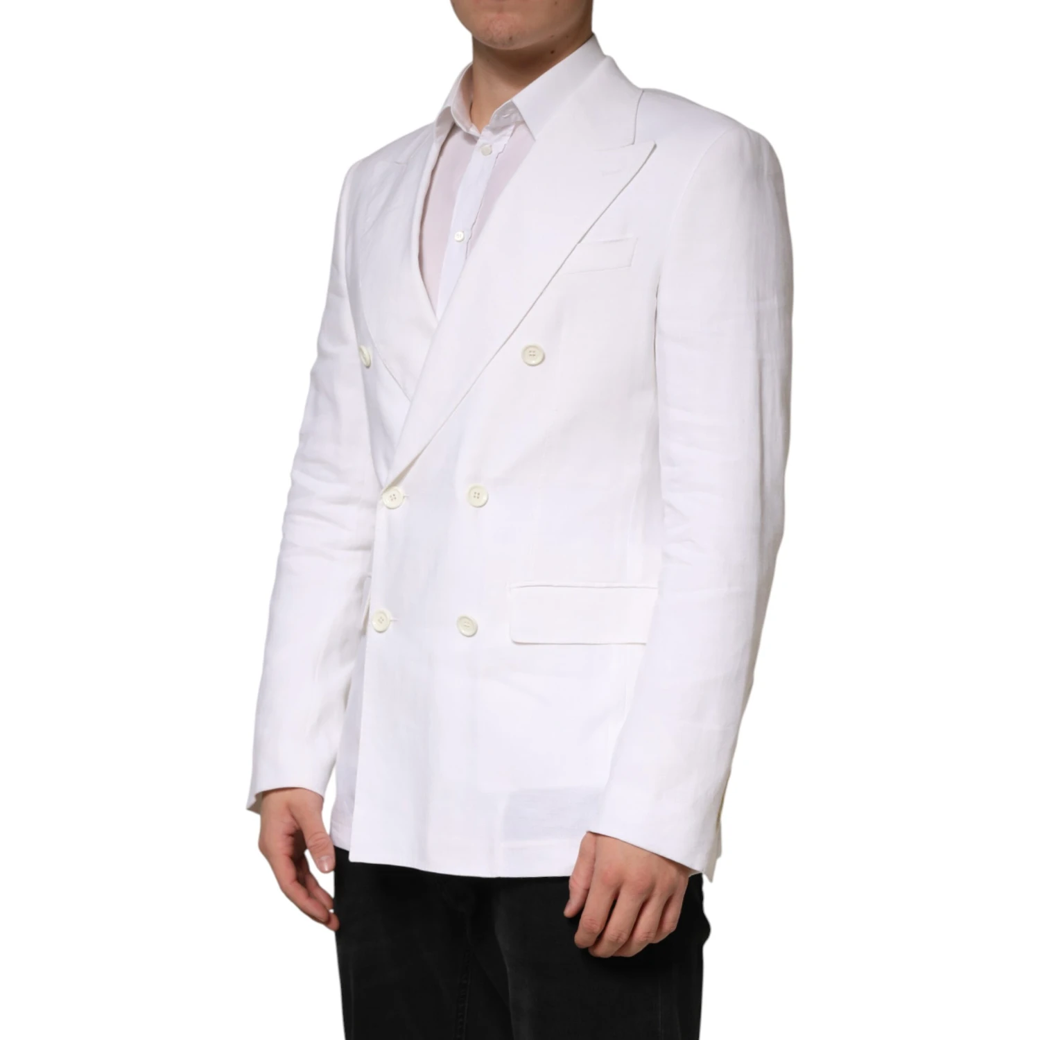 White Linen Double Breasted 2 Button Blazer