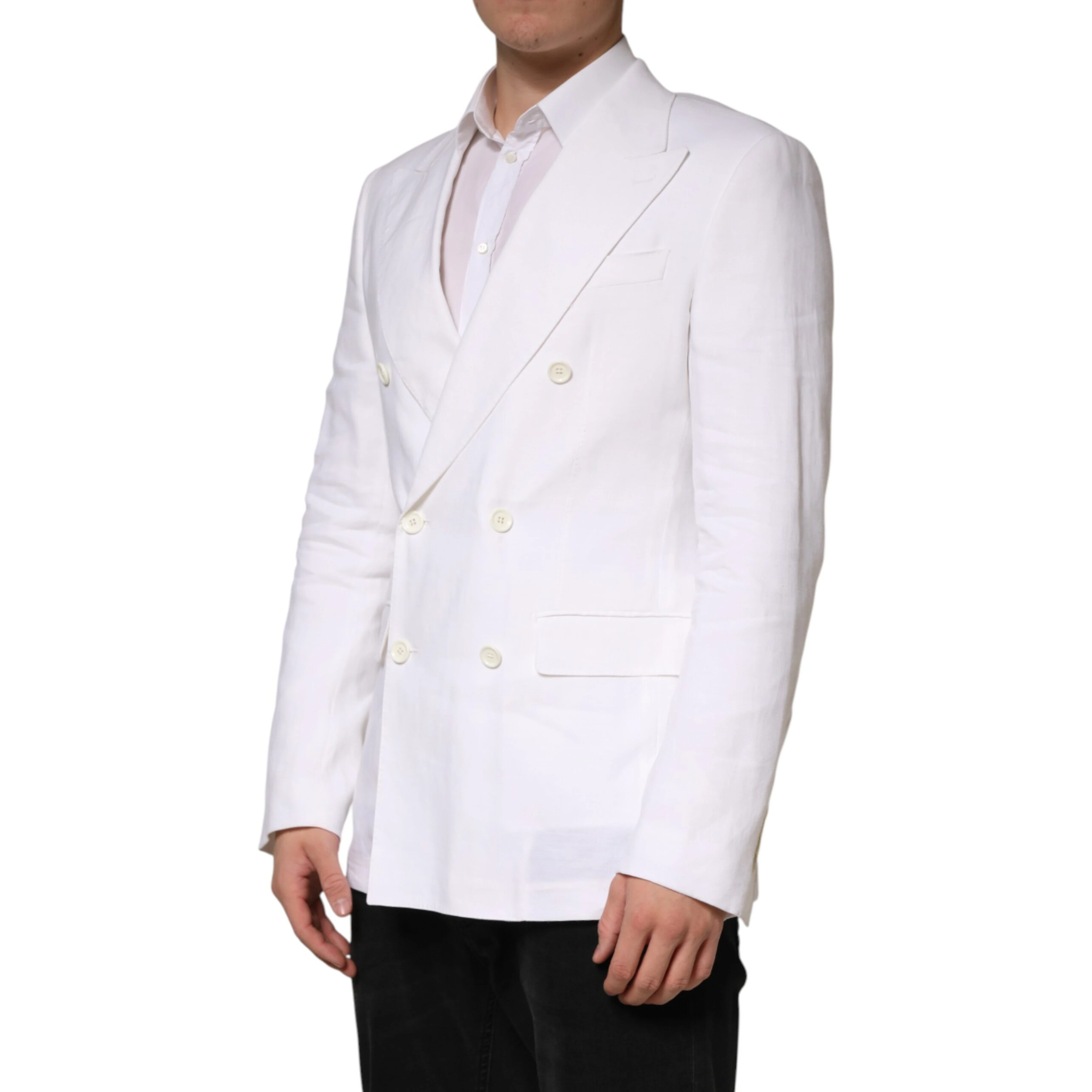 White Linen Double Breasted 2 Button Blazer