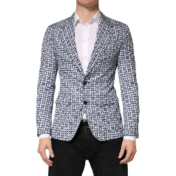 Blue Cotton Patterned Single Breasted Blazer