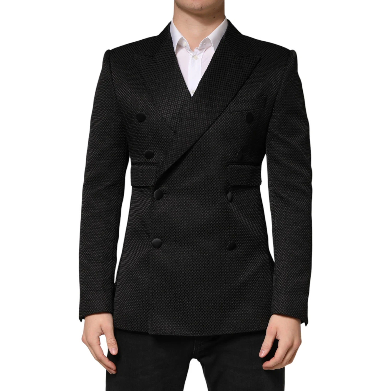 Black Cotton Double Breasted 2 Button Blazer