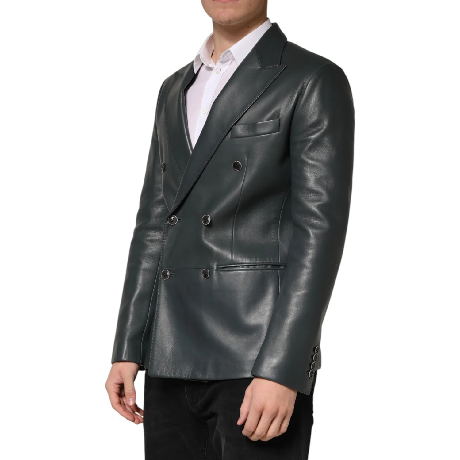Black Leather Double Breasted 2Button Blazer