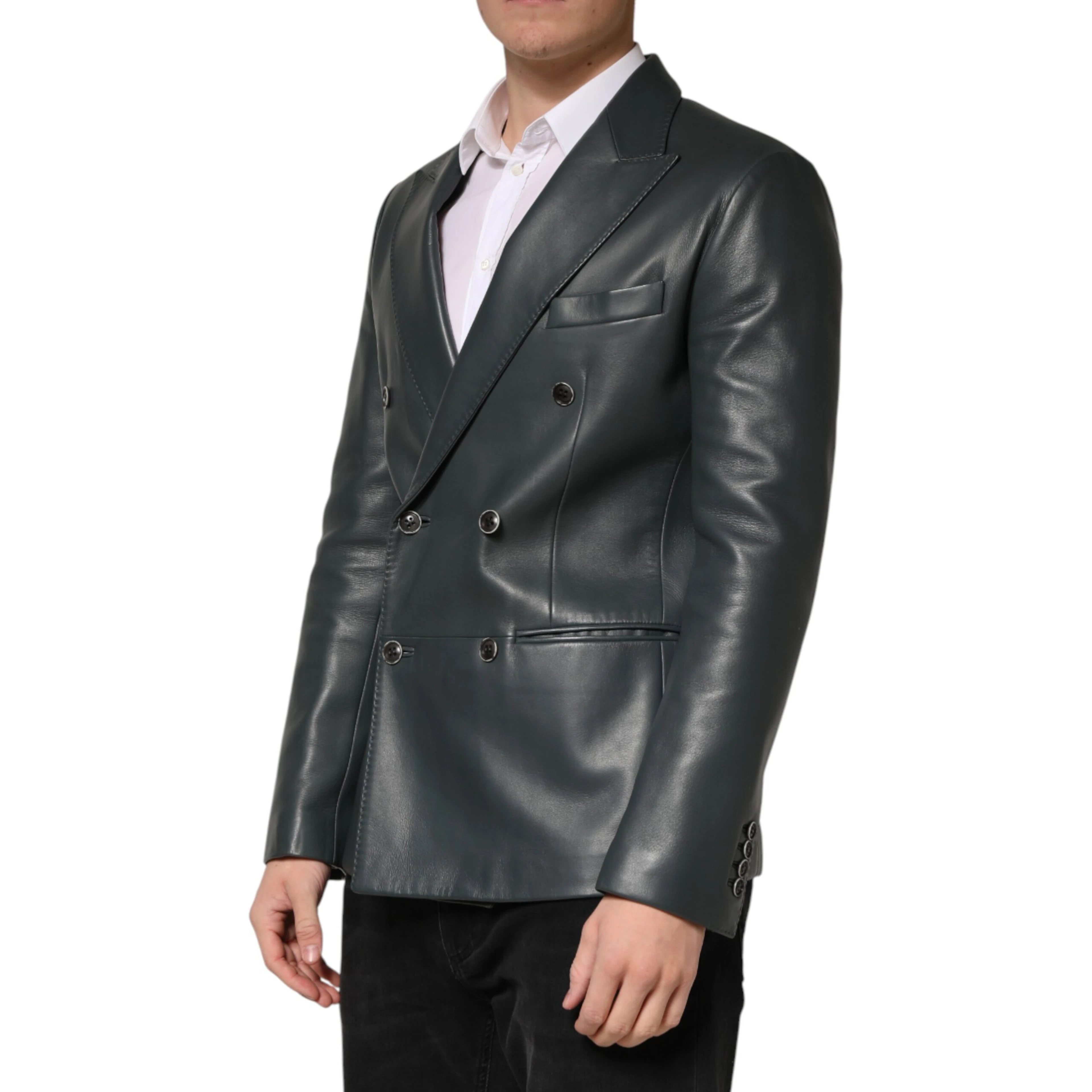 Black Leather Double Breasted 2Button Blazer
