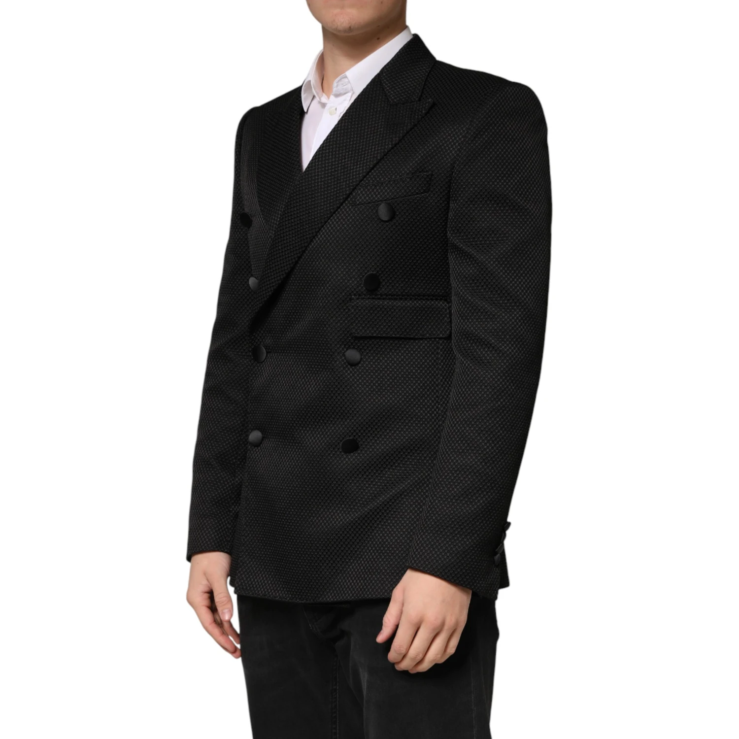 Black Cotton Double Breasted 2 Button Blazer