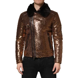 Bronze Leather Fur Full Zip Men Biker Jacket