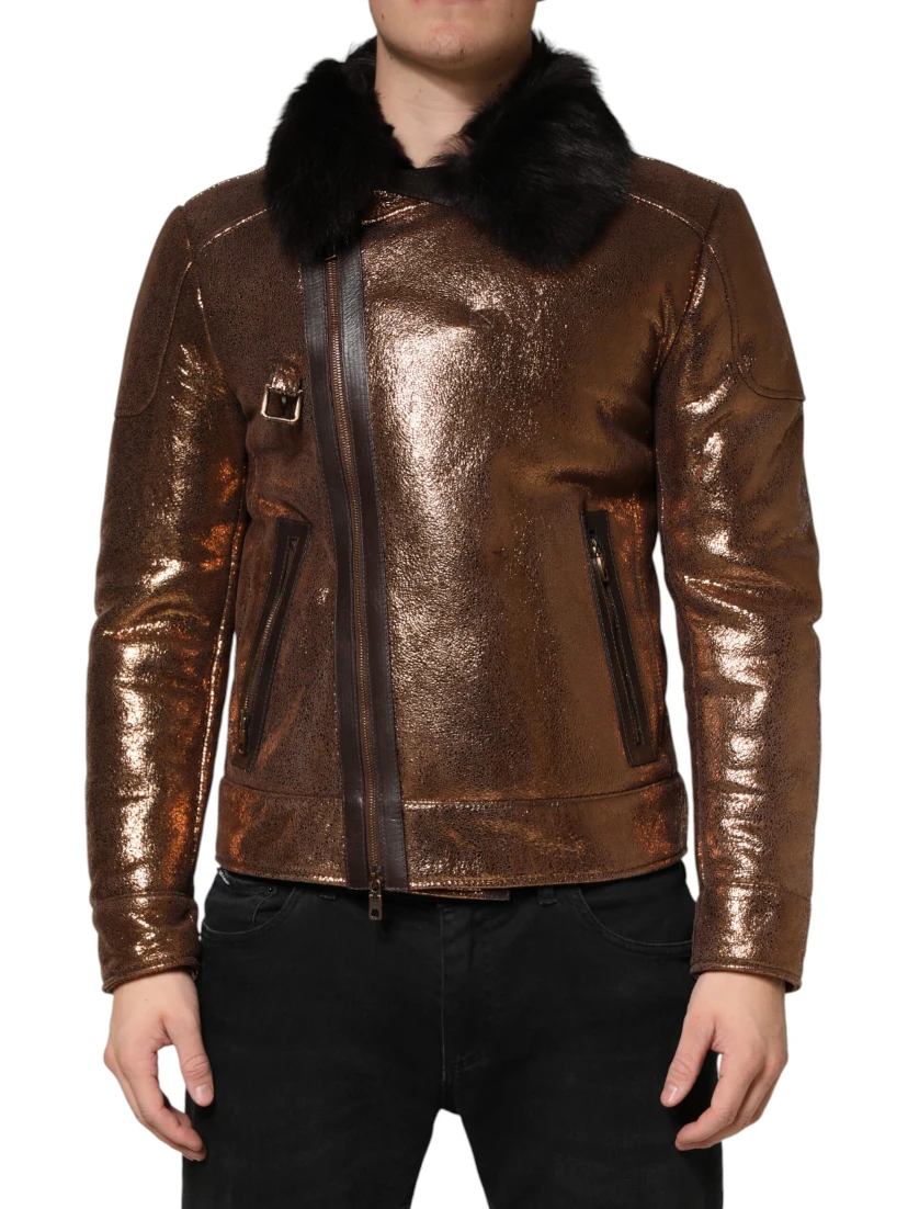 Bronze Leather Fur Full Zip Men Biker Jacket