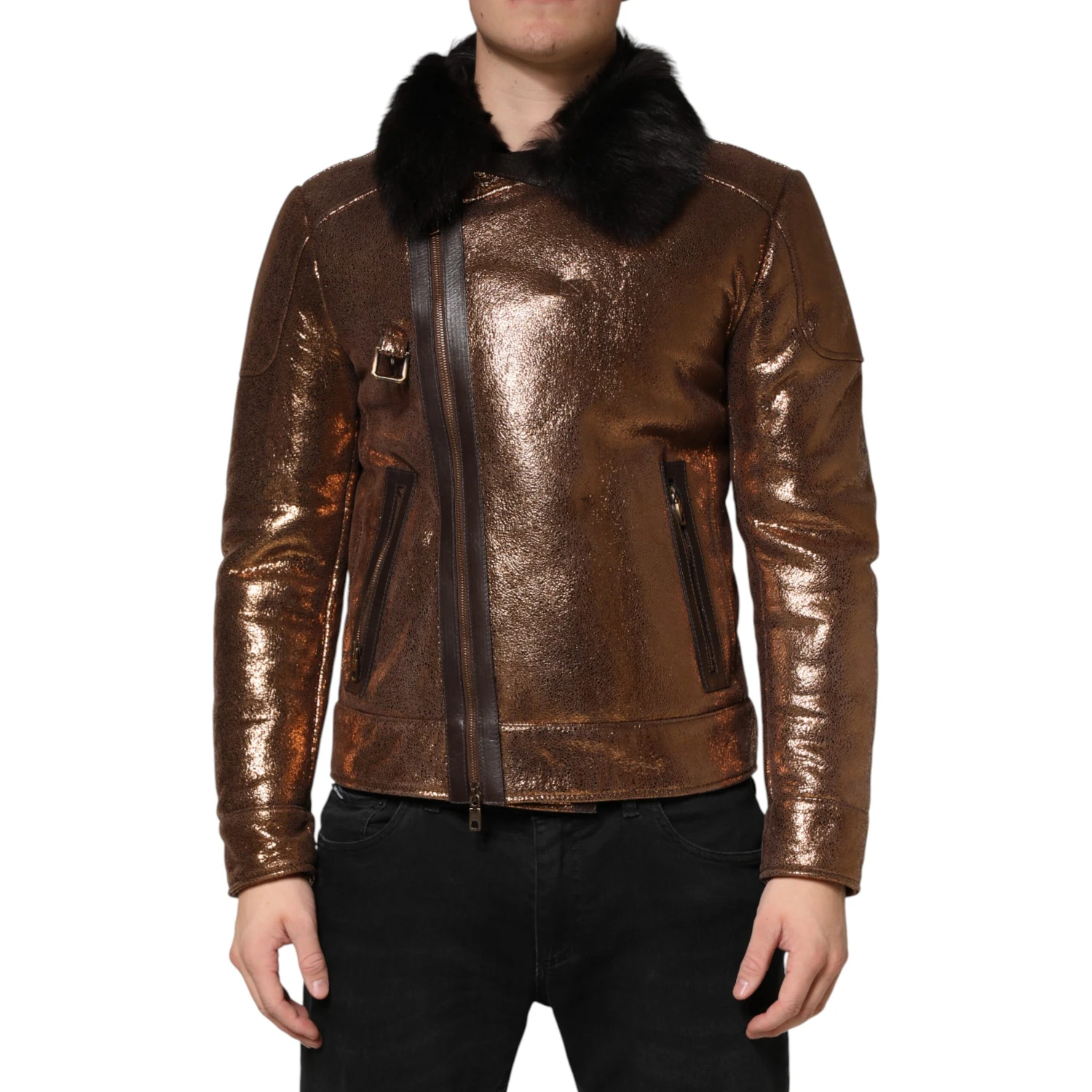 Bronze Leather Fur Full Zip Men Biker Jacket